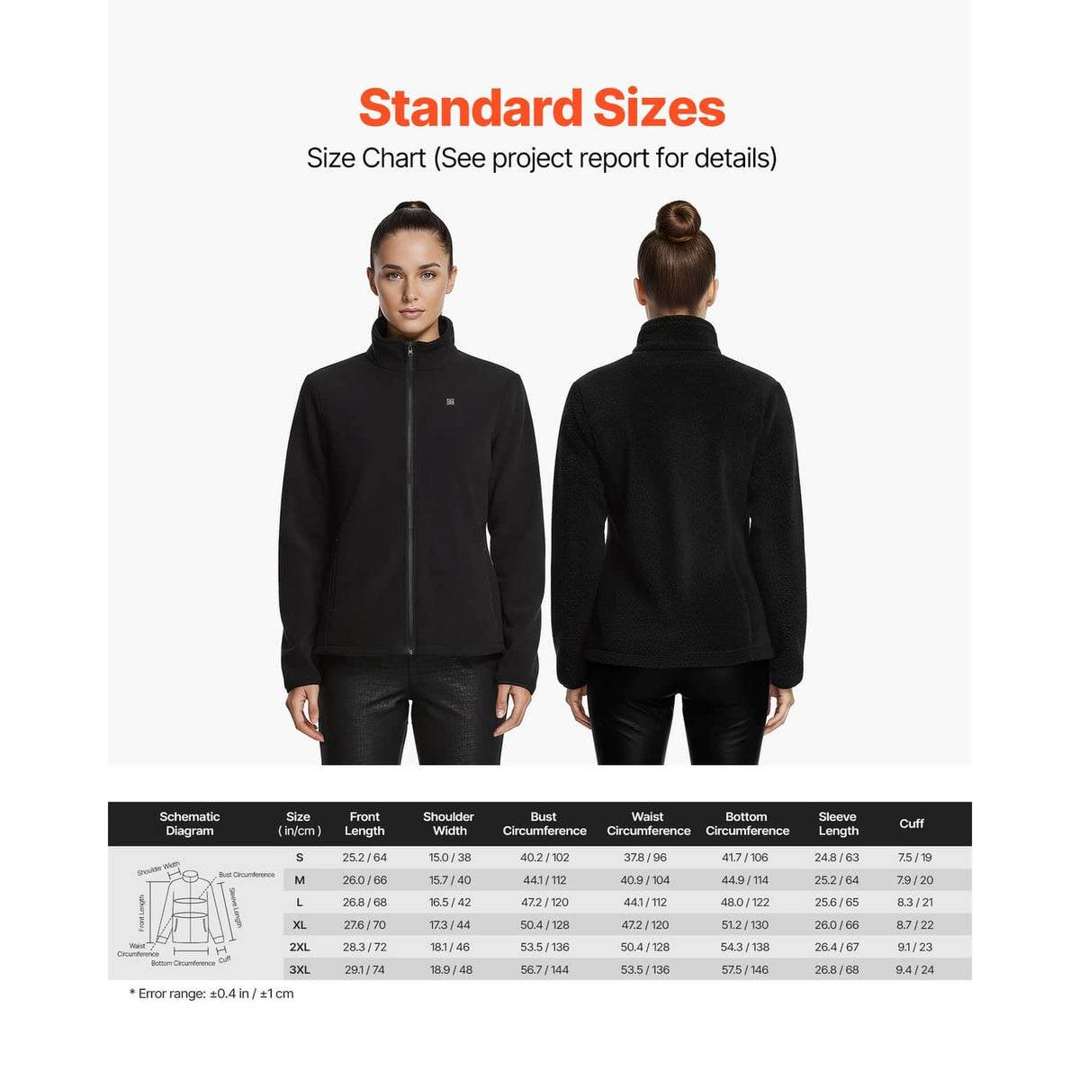 Black heated fleece jacket front and back views with size chart table