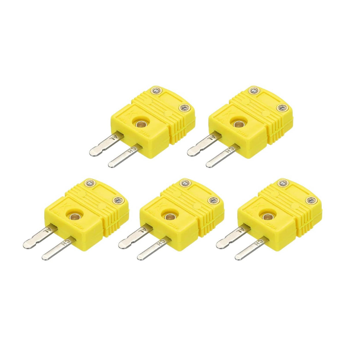 Yellow K-type thermocouple wire connectors with metal prongs, 5-pack