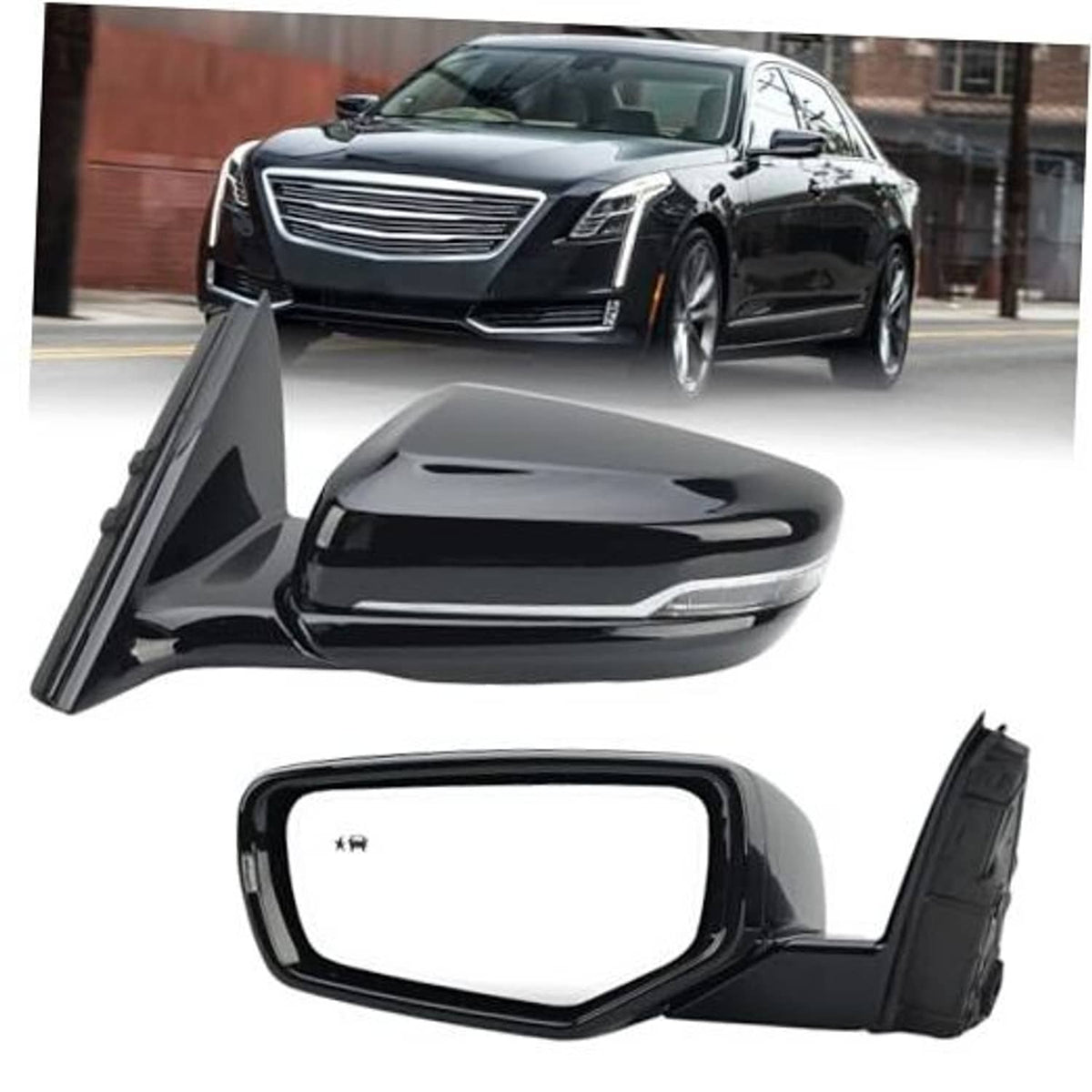Left driver-side black mirror assembly with glossy cap and wide mounting housing