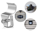 Silver no-hole siding camera mount clips with screw threads, shown with an installed camera