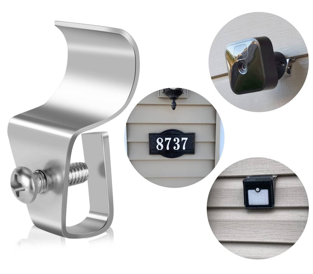 Silver no-hole siding camera mount clips with screw threads, shown with an installed camera