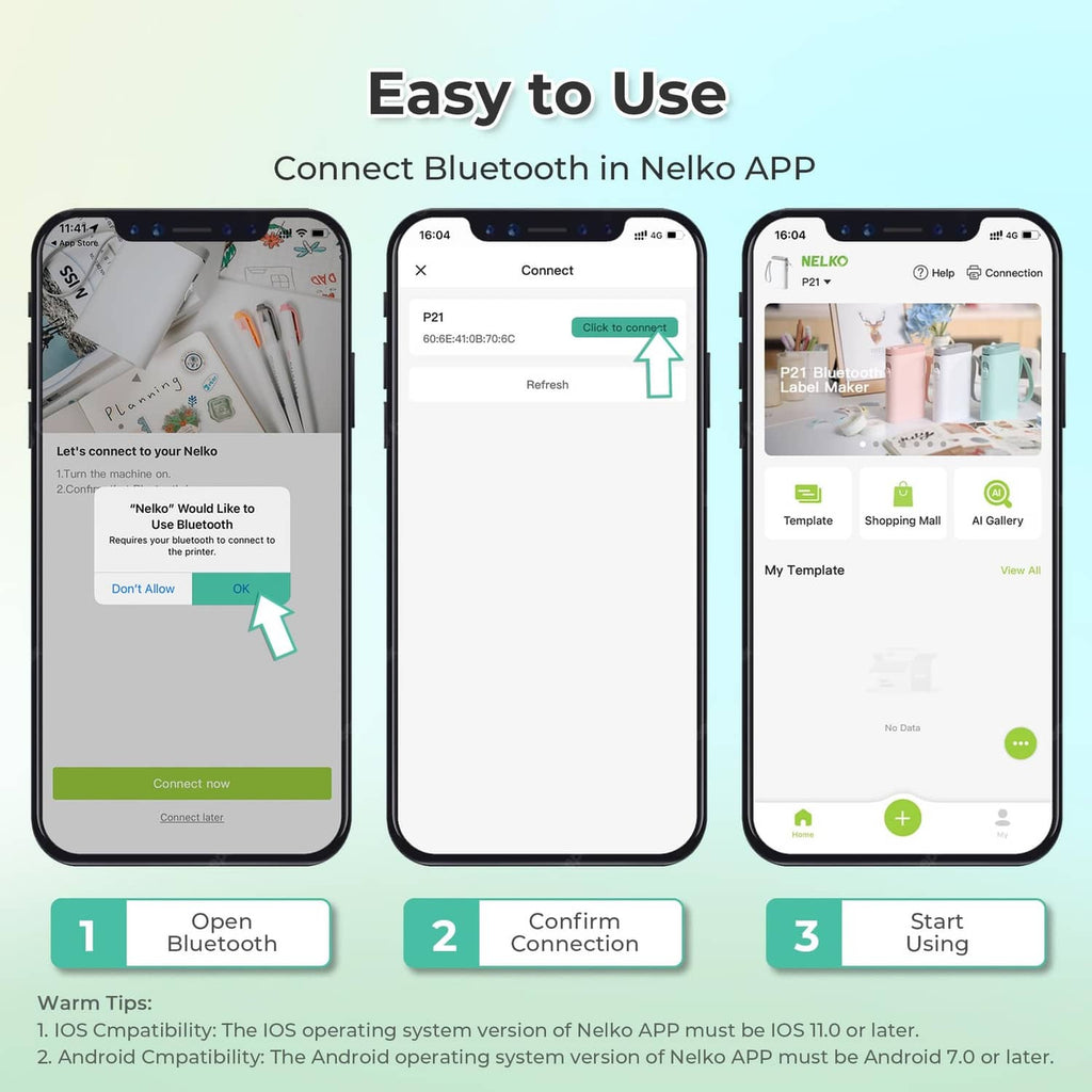 Label maker app connection steps: open Bluetooth, confirm connection, start printing