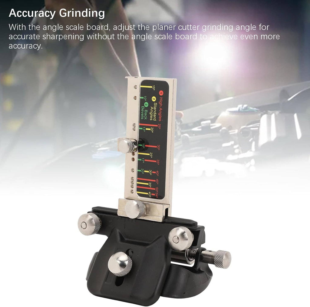 Precision honing jig with aluminum angle scale board and black base for accurate grinding