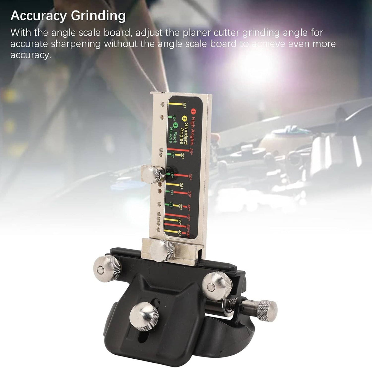 Precision honing jig with aluminum angle scale board and black base for accurate grinding