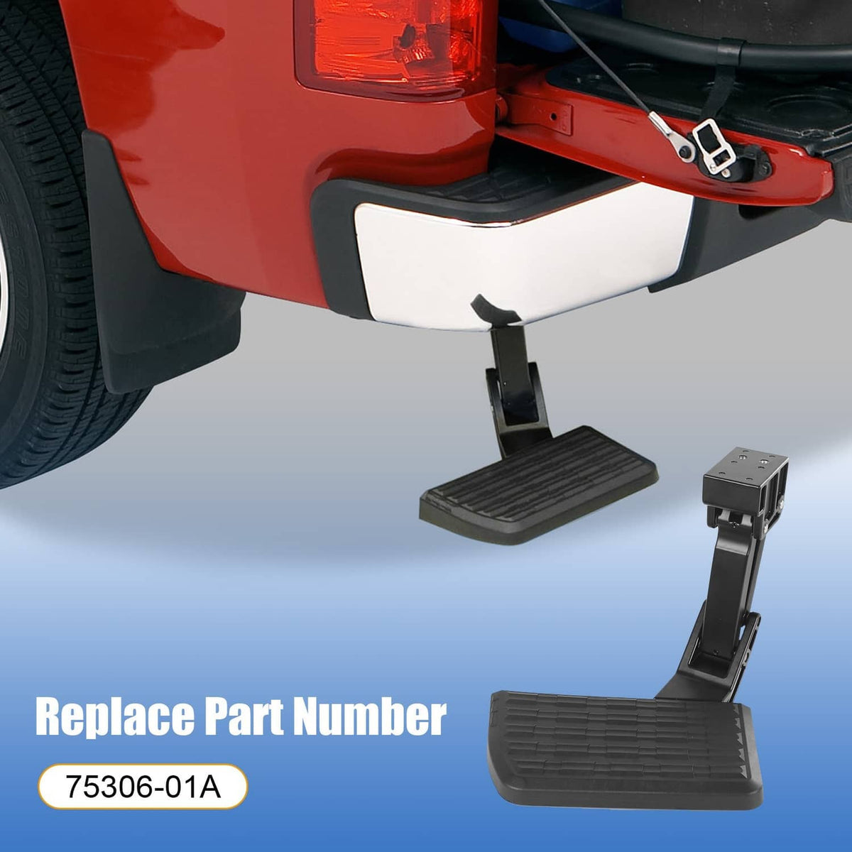 Retractable rear tailgate step extended with black ribbed foot pad near tail light