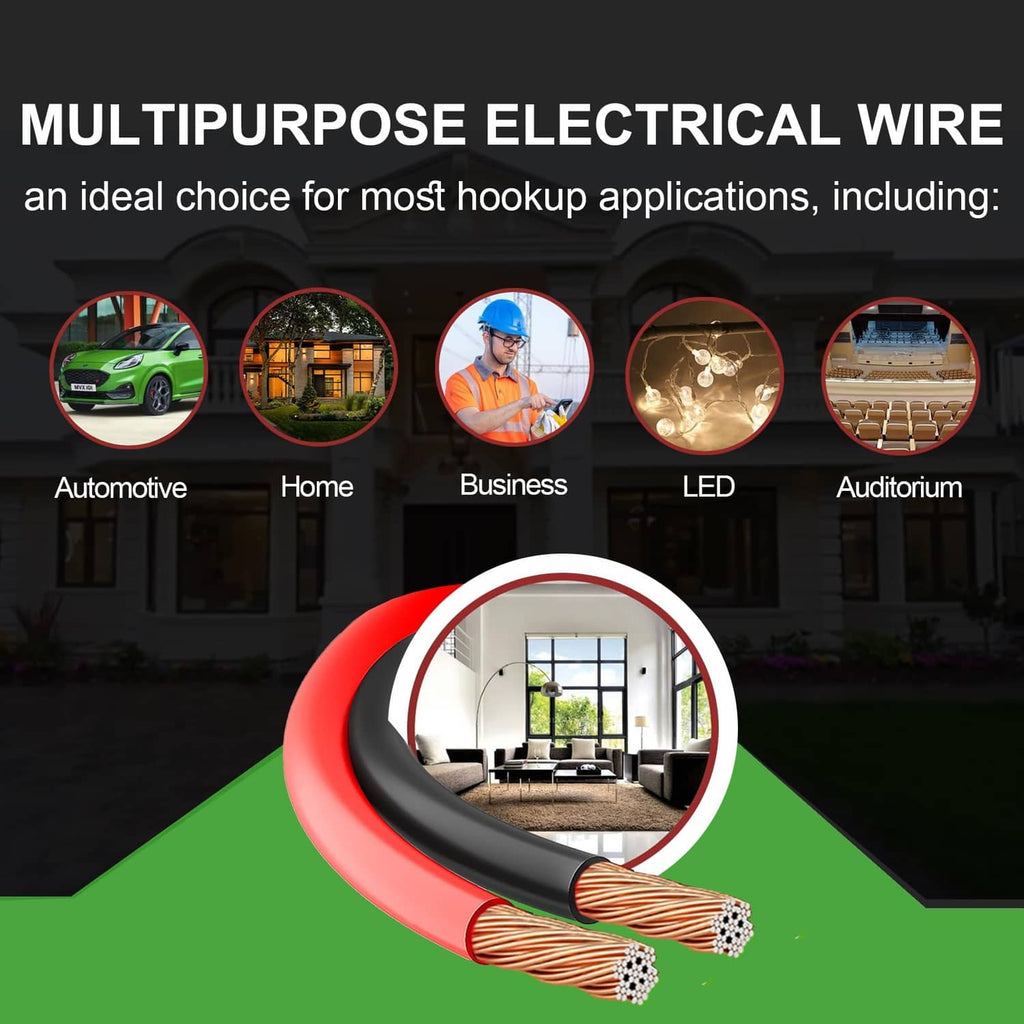 Red and black coiled hookup electrical wire with multipurpose application icons