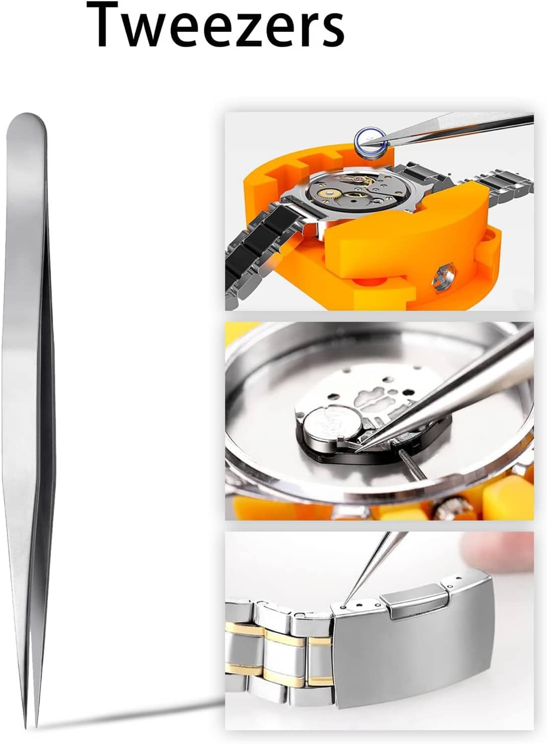 Metal tweezers for handling watch parts during battery replacement