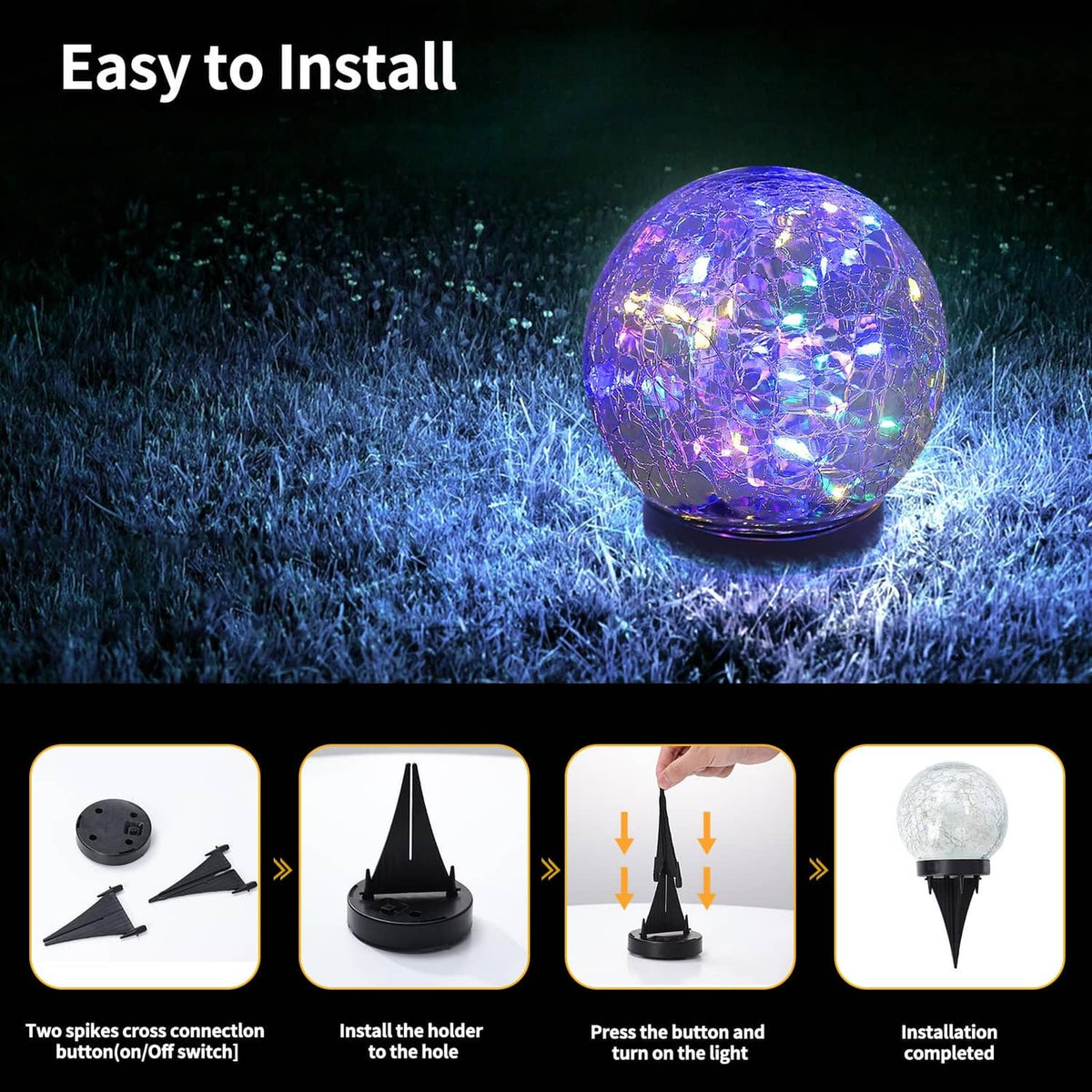 Solar glass globe light with purple multicolor glow on a small base in outdoor grass