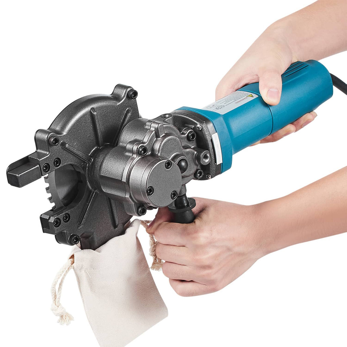 Electric rebar cutter with side handle and blue body held in hands
