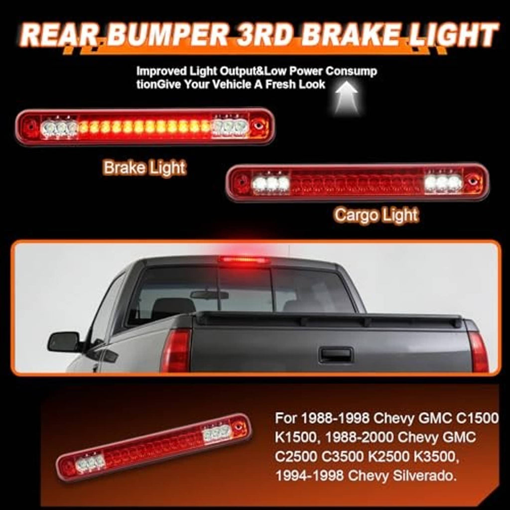 LED third brake light and cargo light bar, red lens with amber and white LED sections