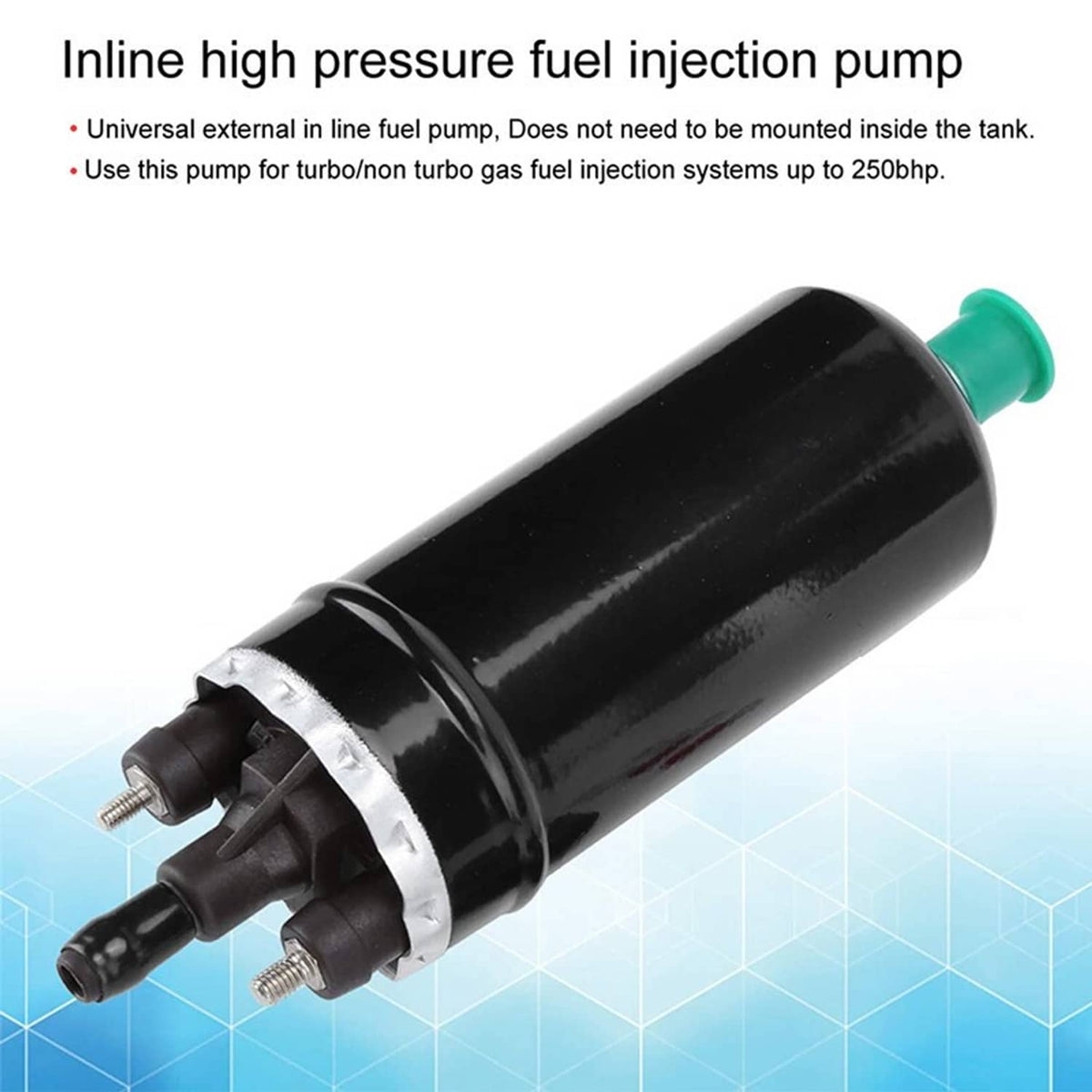 Inline high pressure electric fuel injection pump with black cylinder and green inlet