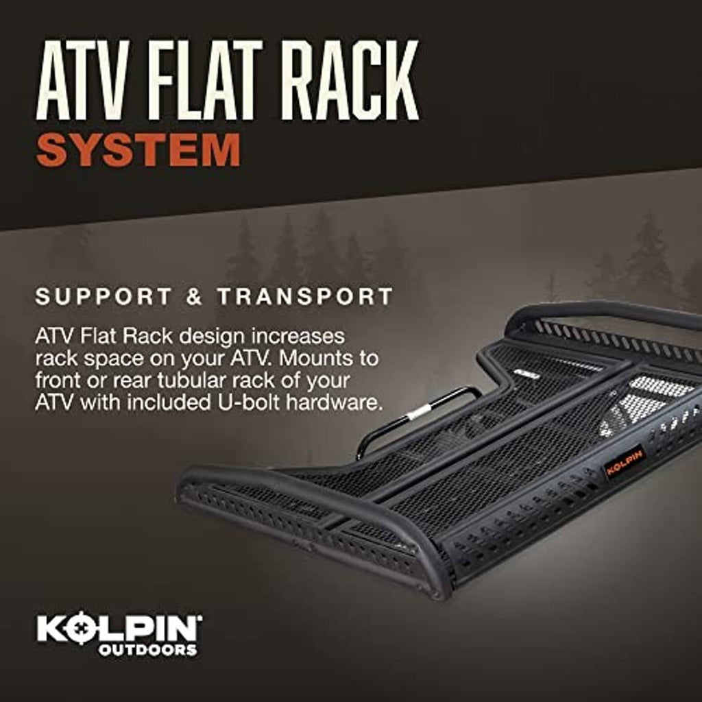 Black ATV flat rack with perforated mesh deck and tubular front rails