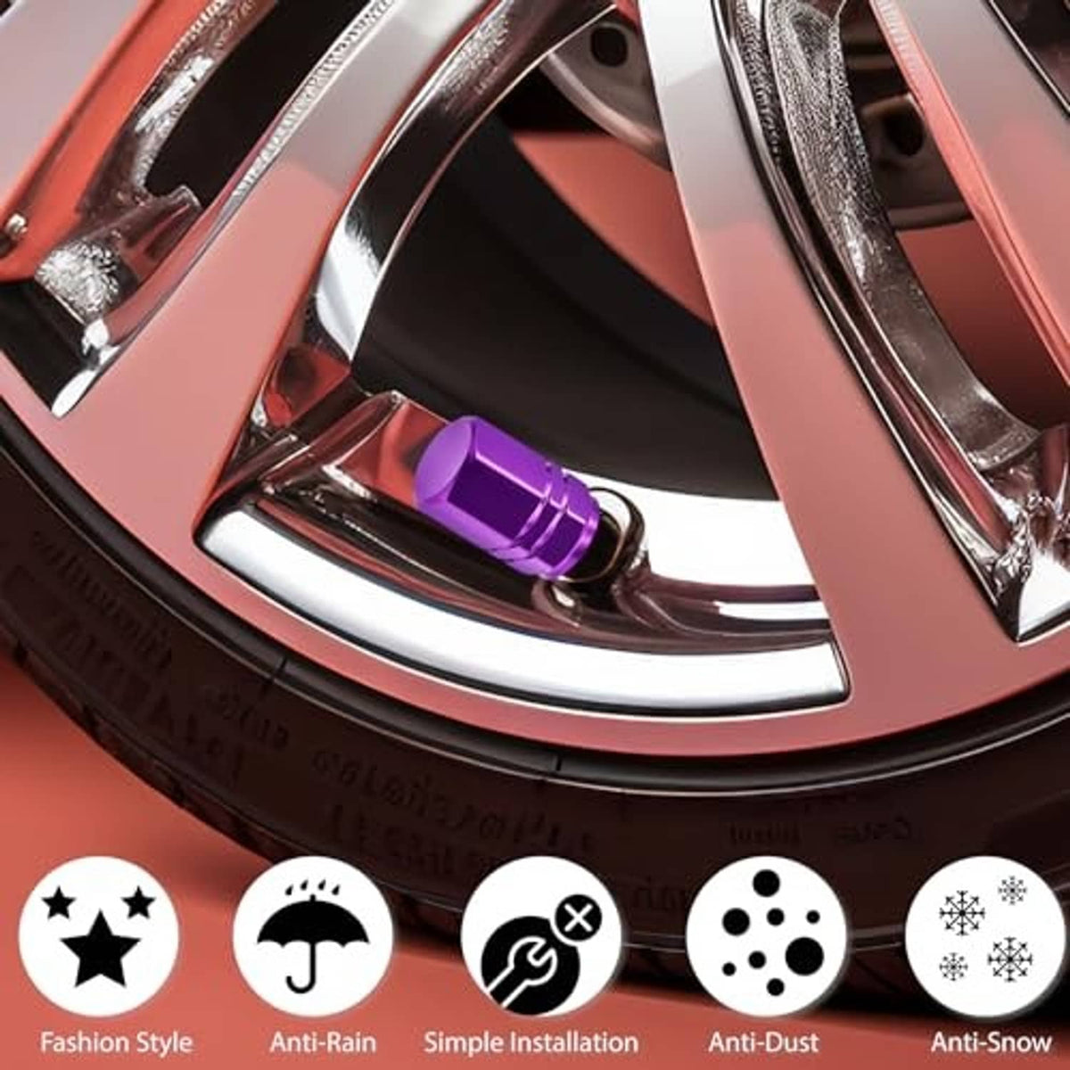 Purple tire valve stem caps with rubber O-ring, shown installed on a wheel valve.