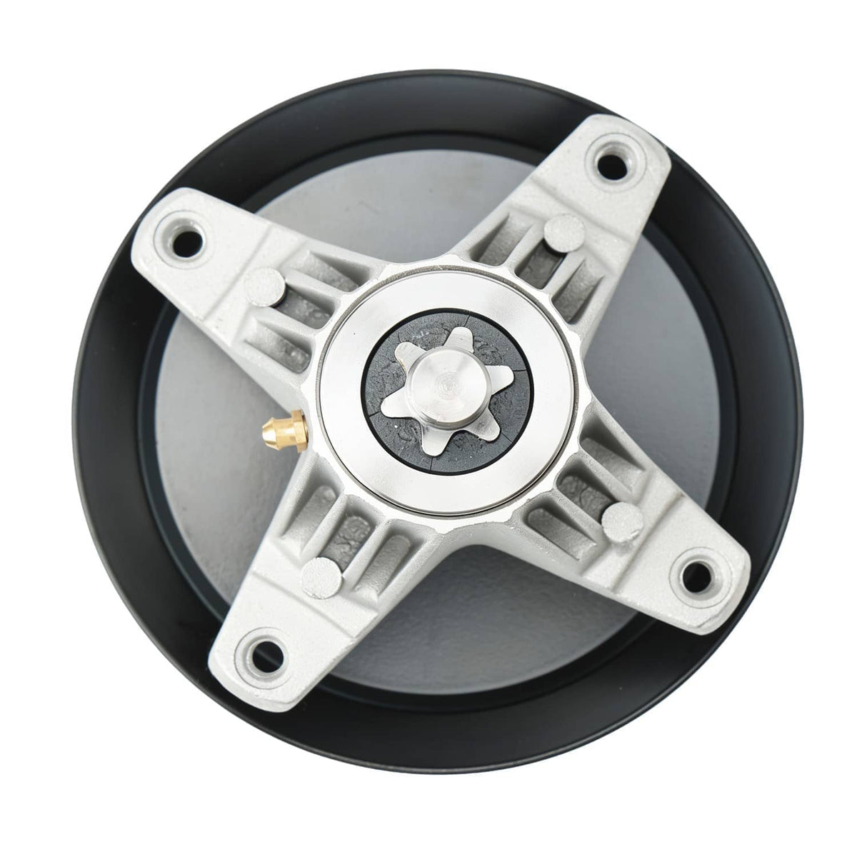 Spindle assembly with black pulley and star-shaped bolt plate, top view