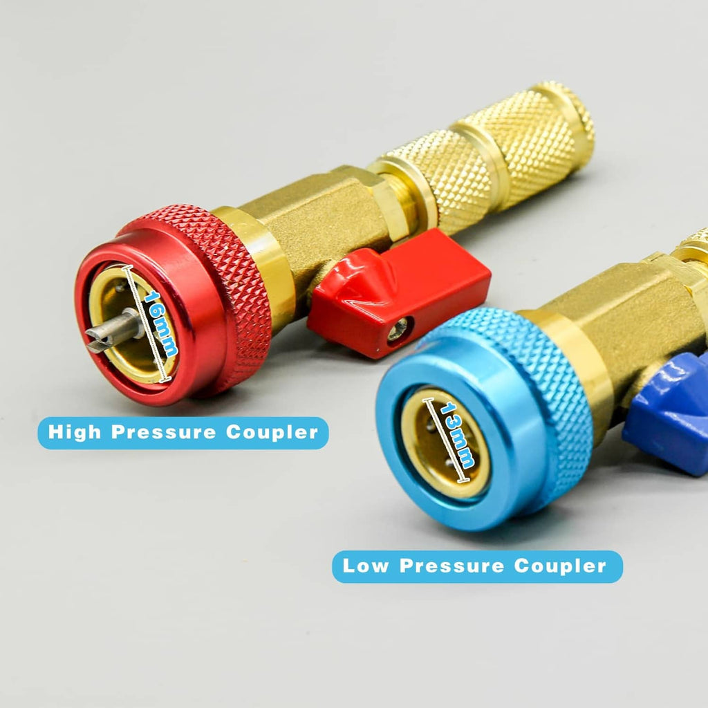 High and low pressure AC couplers with red and blue quick connectors, brass tips