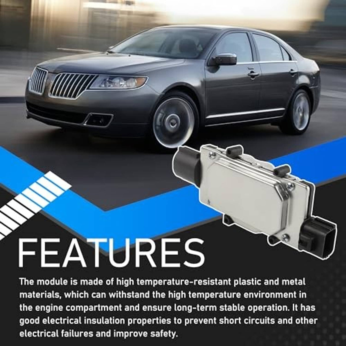 Radiator fan control module in silver metal with black housing connectors, side view