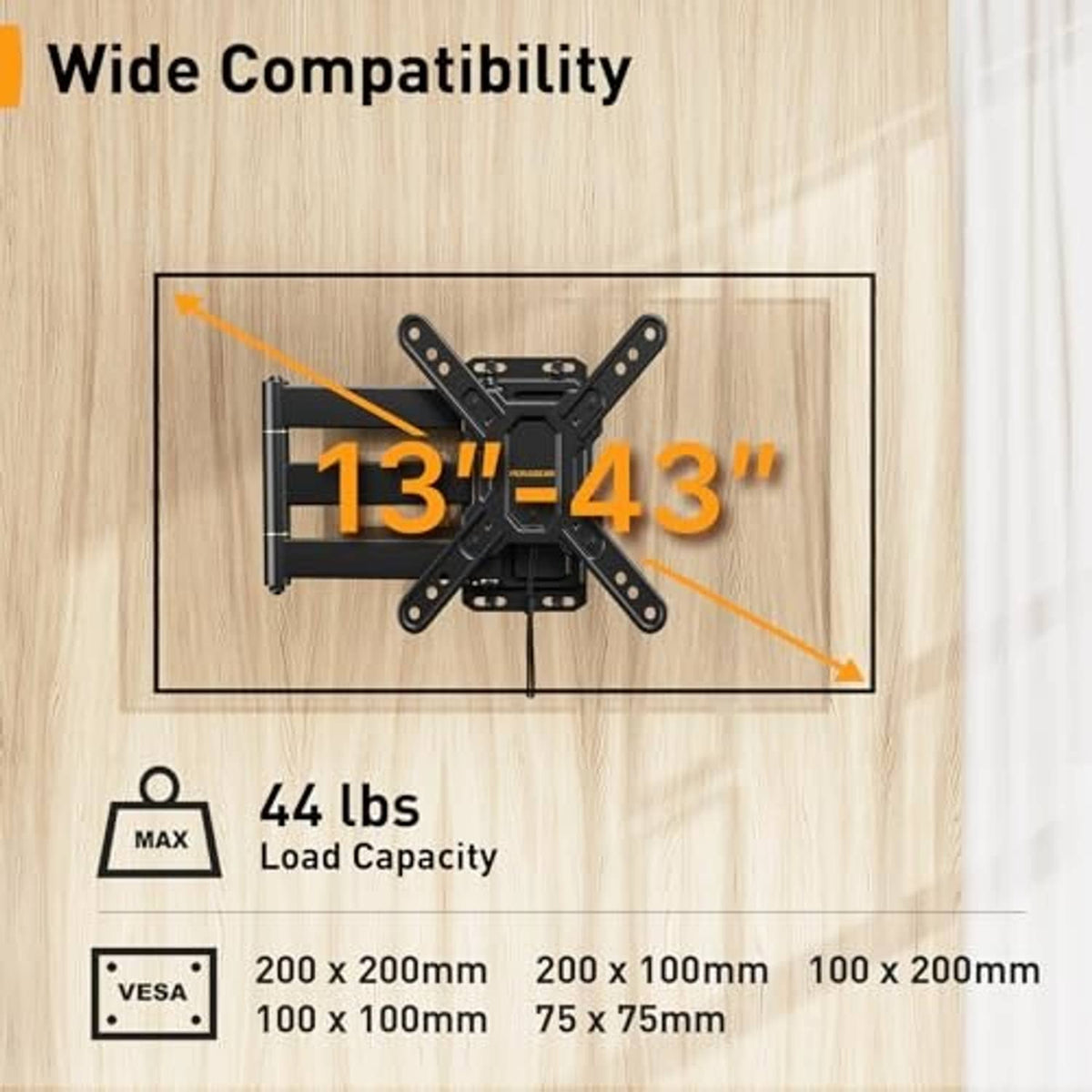 Black full-motion TV wall mount bracket with tilting arms and centered plate