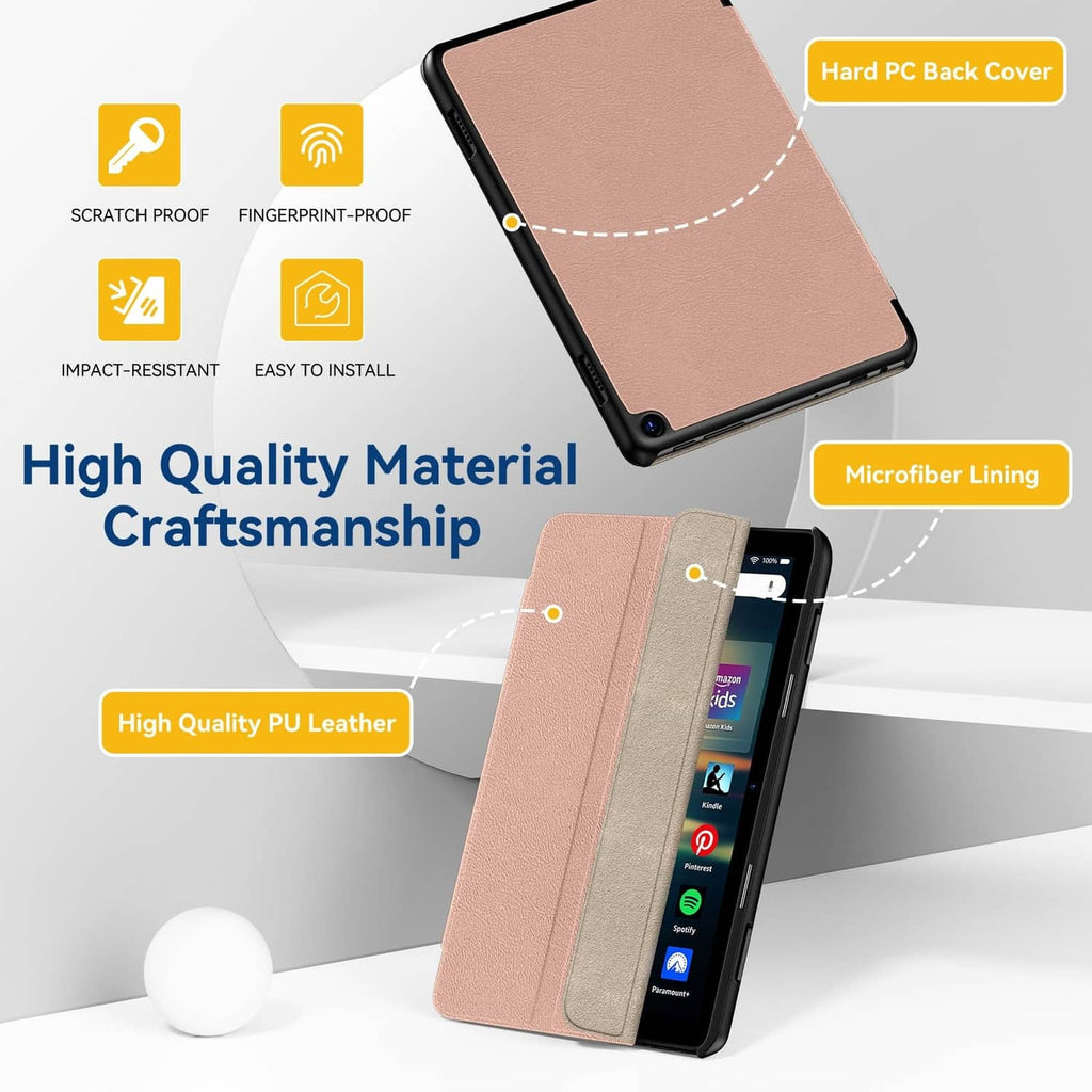 Rose gold tablet case with hard back cover and microfiber lining, showing corners and ports