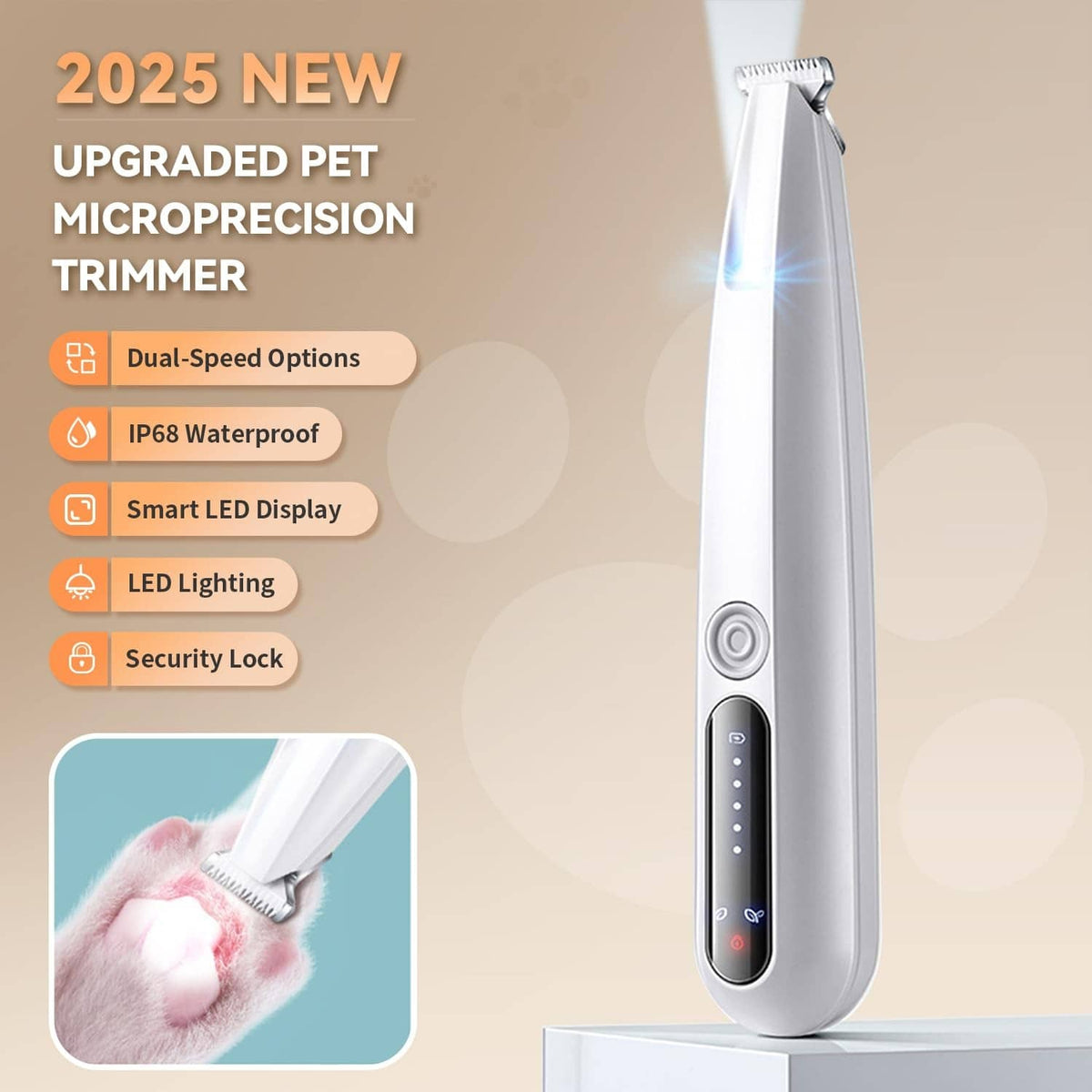 White pet micro-precision trimmer, side view with LED display window and power lights
