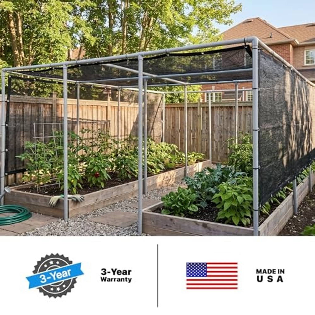 Black 50% mesh shade cloth tarp canopy stretched on metal frame