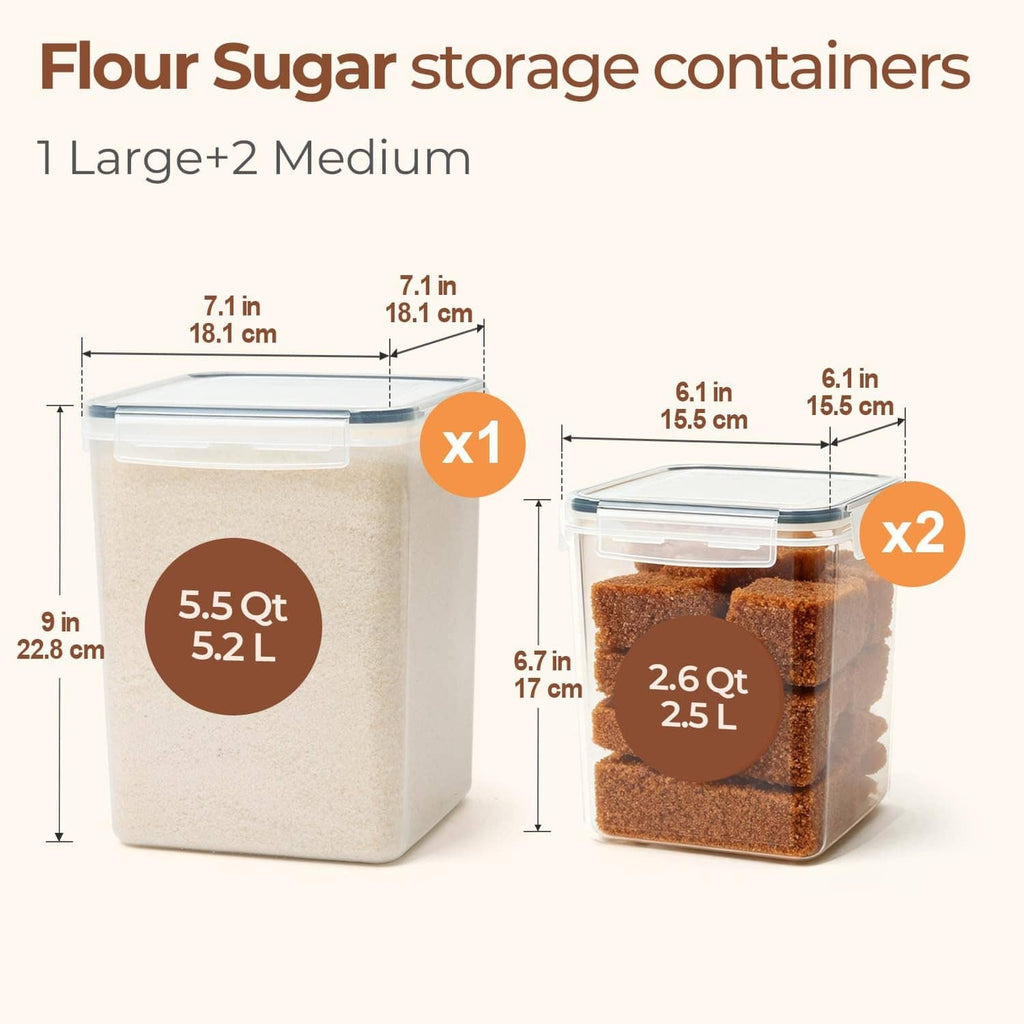 Square airtight flour and sugar containers, one large and two medium, clear with lids