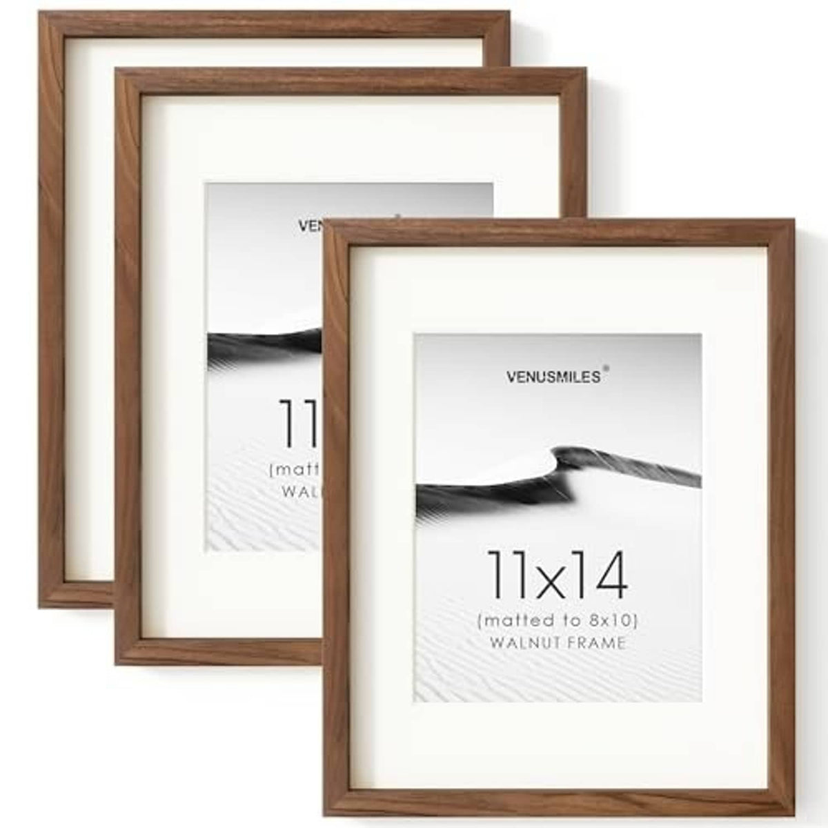 Walnut wood 11x14 picture frame set of 3 with white mat and clear glass