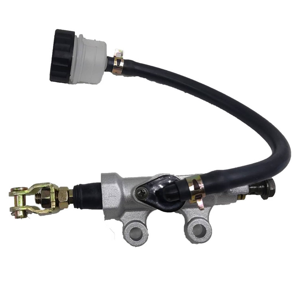 Rear brake master cylinder with black hose, silver body, and white reservoir cap