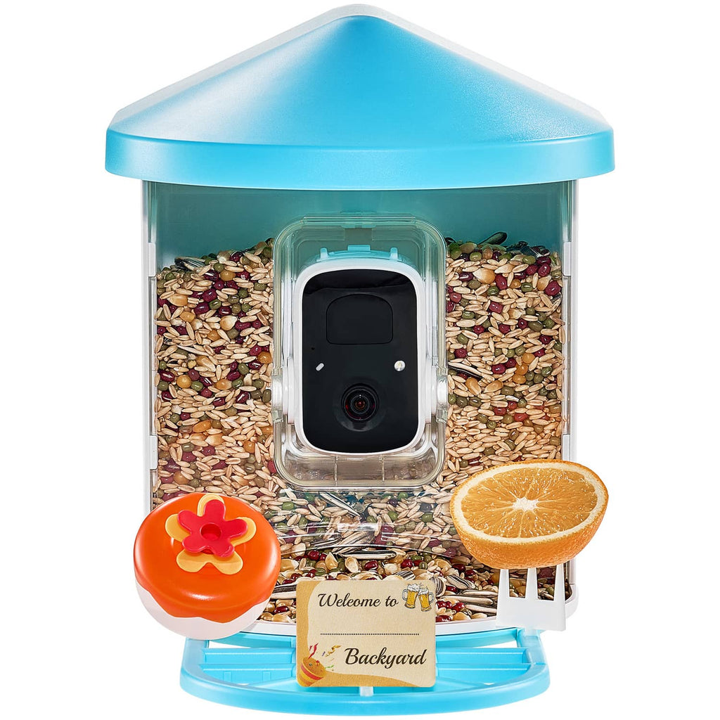Smart bird feeder camera in clear window with blue roof and orange spinning feeder piece.