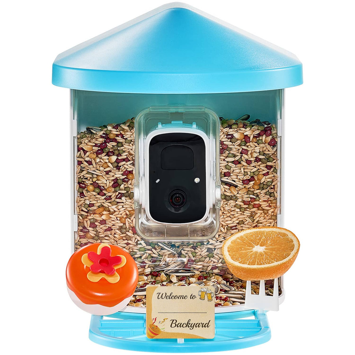 Smart bird feeder camera in clear window with blue roof and orange spinning feeder piece.