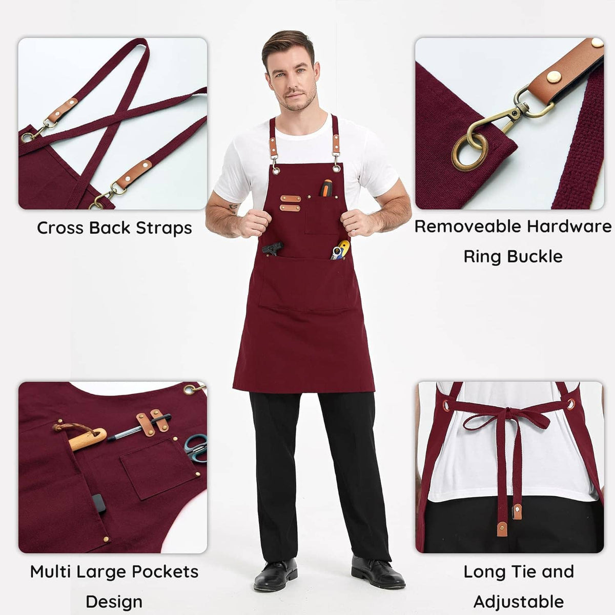 Burgundy canvas apron with cross-back straps, ring buckle hardware, and large front pockets