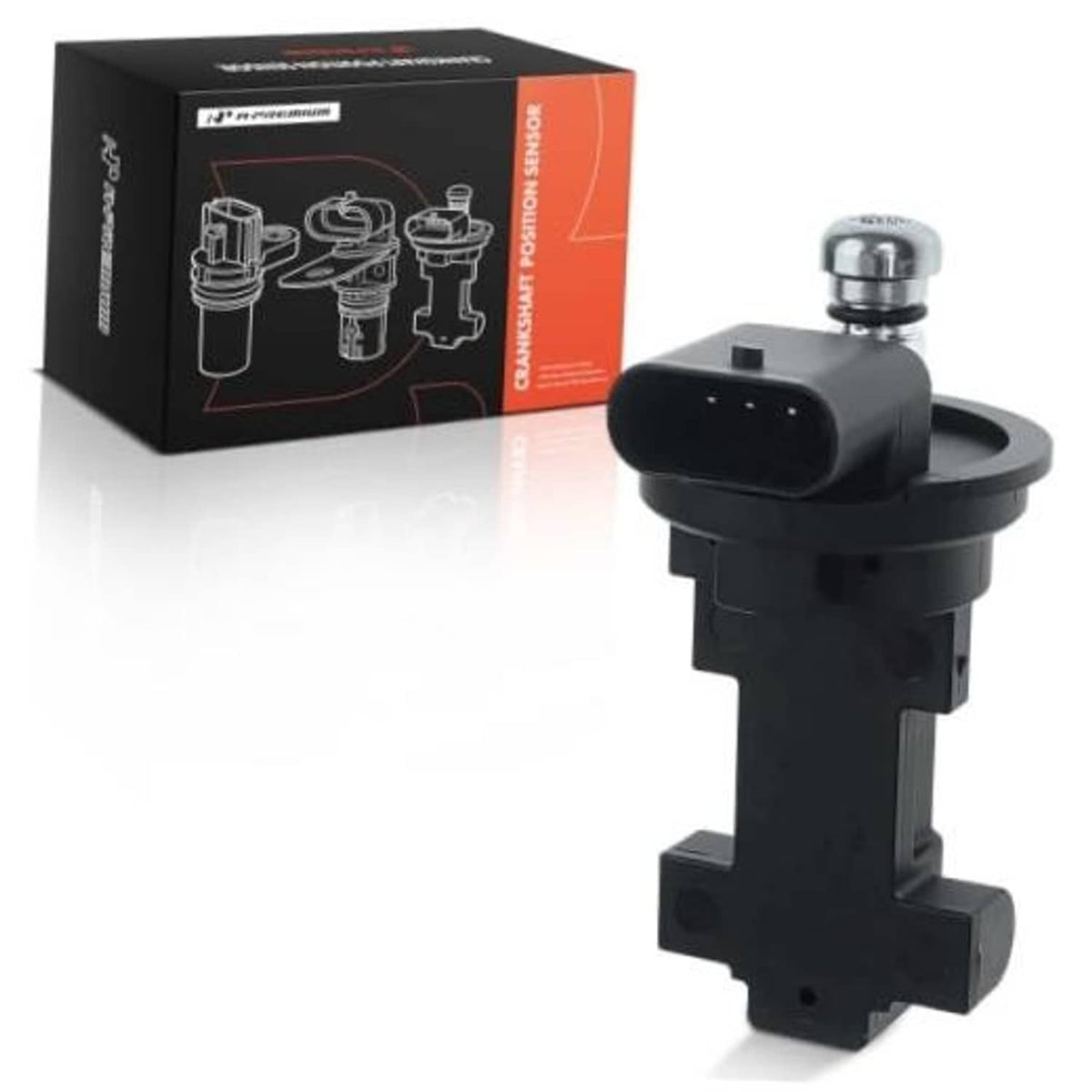 Camshaft position sensor with black housing and silver metal connector on mounting bracket