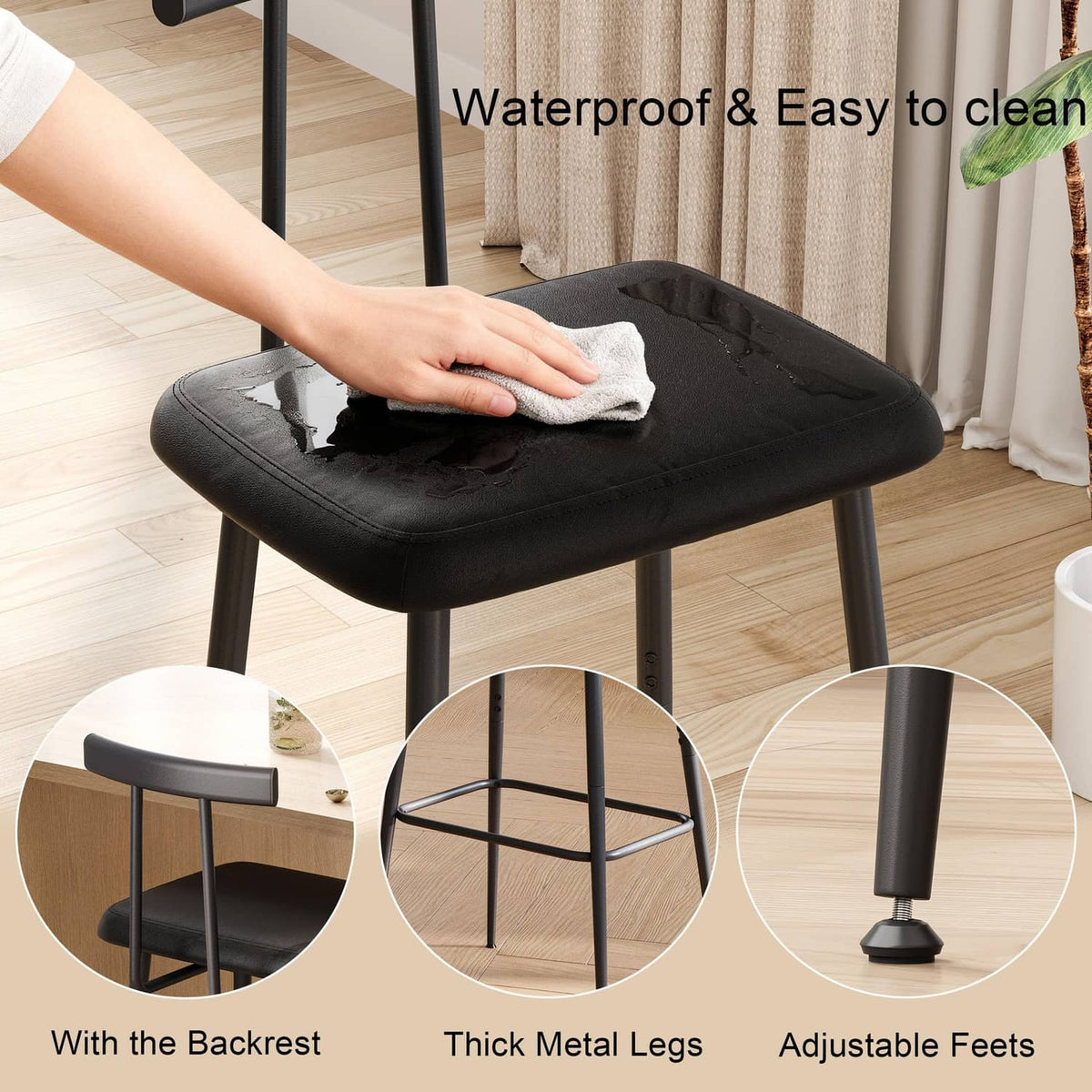 Black bar stool with cushioned seat, thick metal legs, and adjustable feet