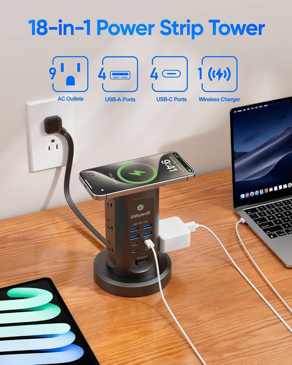Power strip tower with top wireless charging pad, AC outlets, and USB ports
