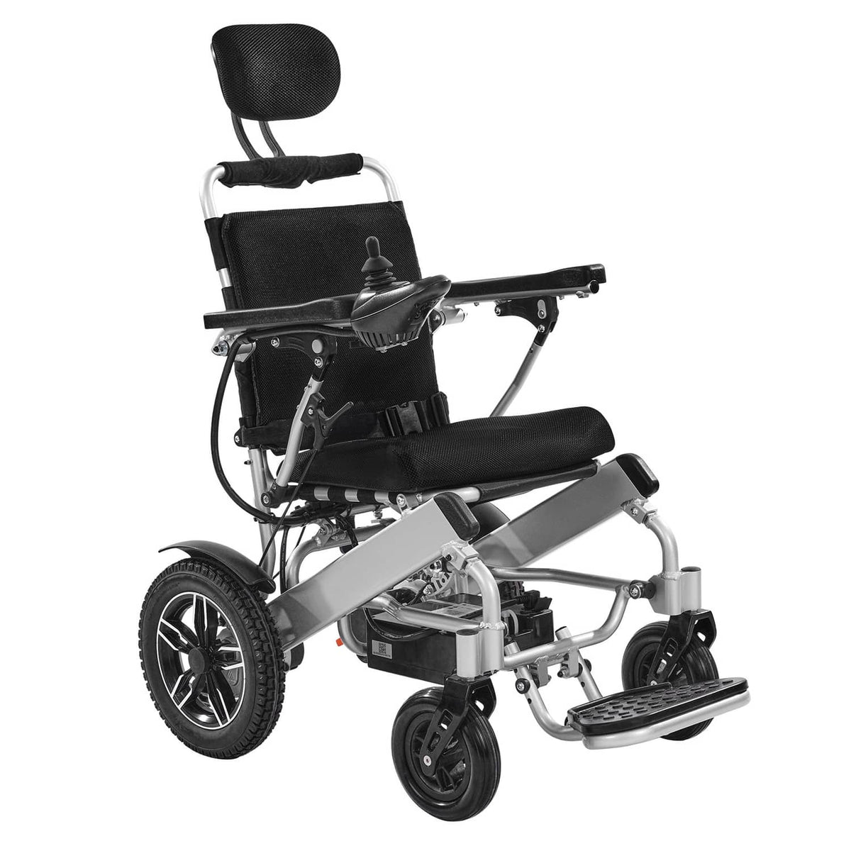 Electric power wheelchair with black seat and backrest; silver frame and front footrests.