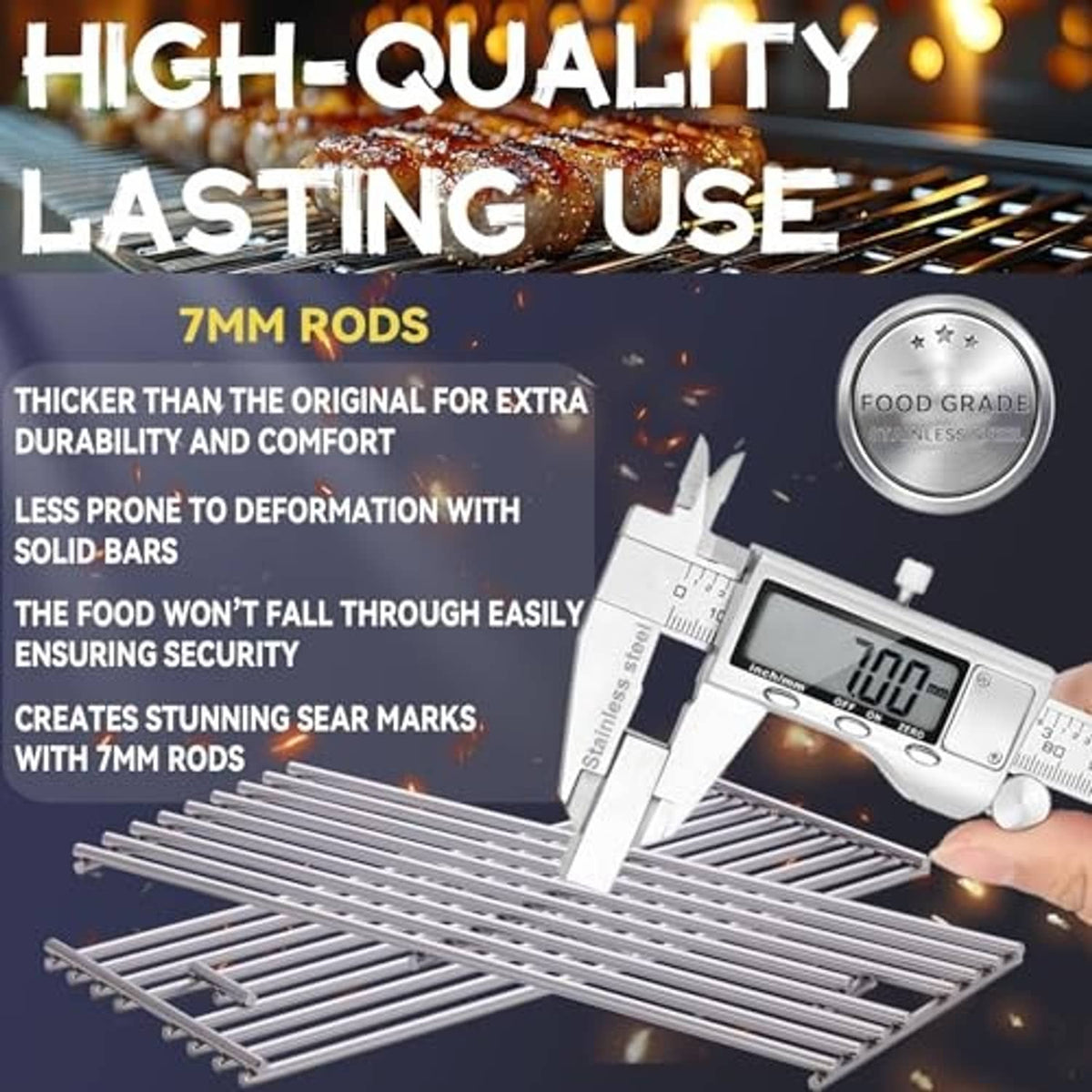 Stainless steel 7mm grill grate rods with food-grade surface caliper detail
