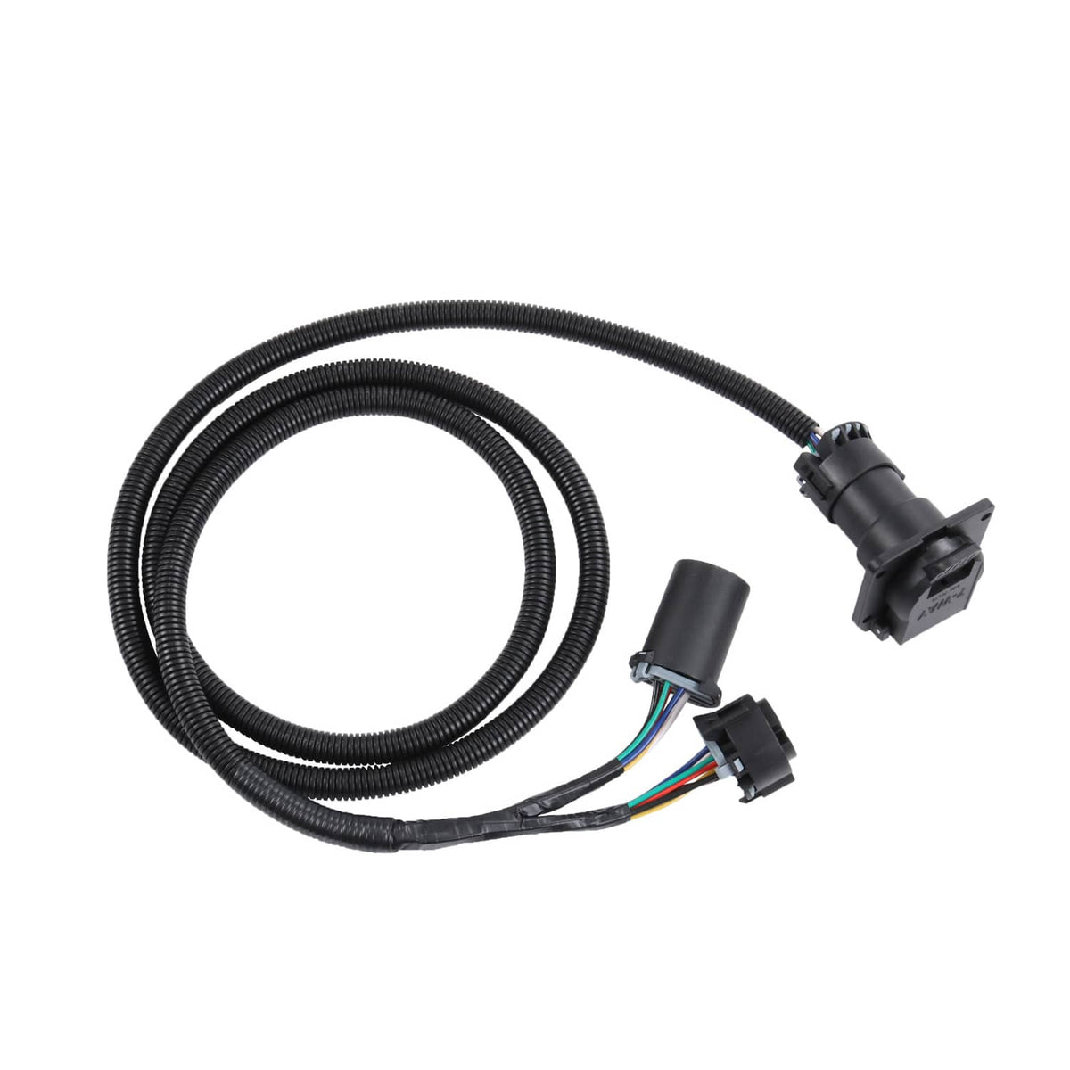Black wiring harness with multiple T-style electrical connectors