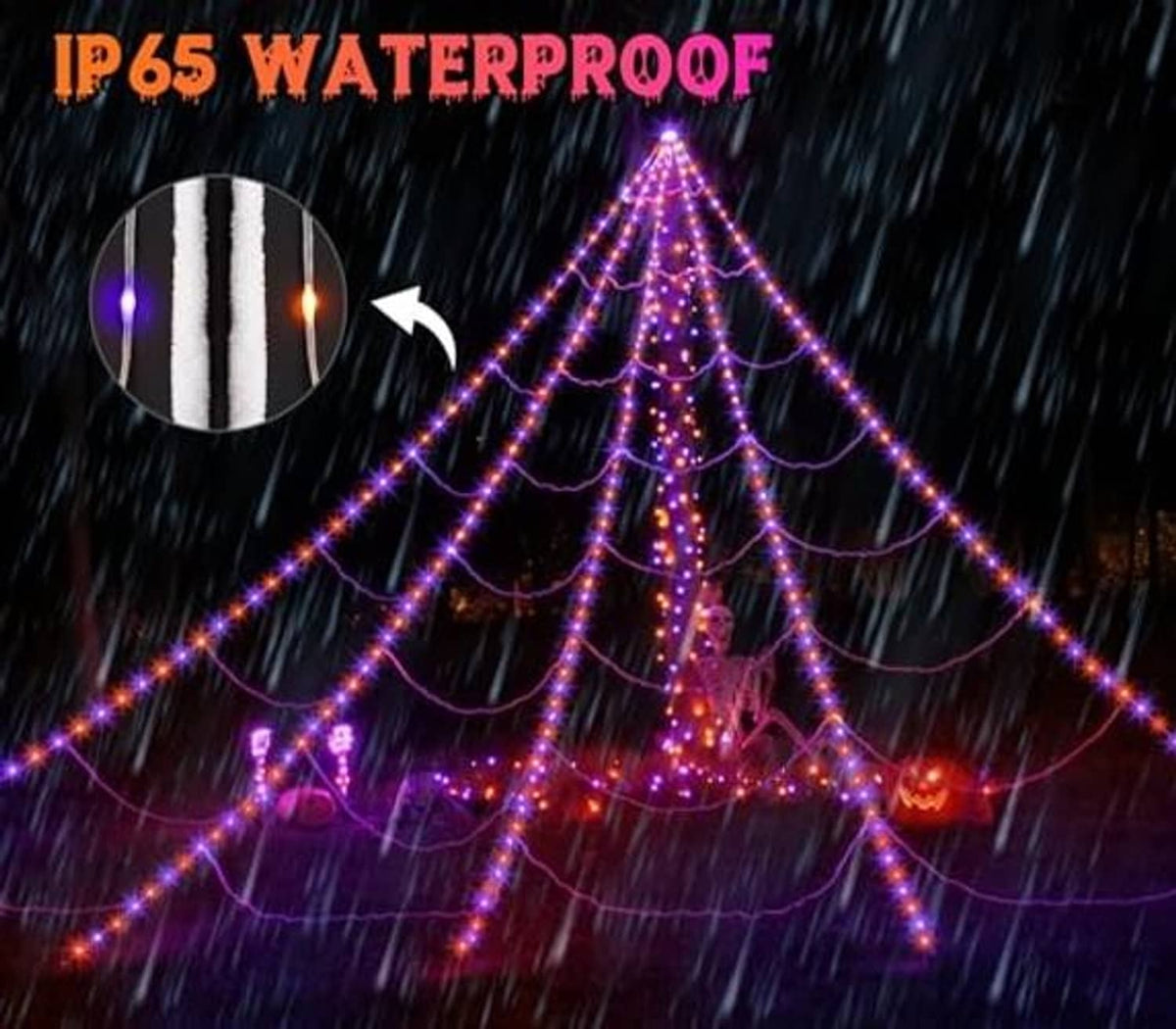IP65 waterproof spider web lights with purple LED strands shown under rain effects