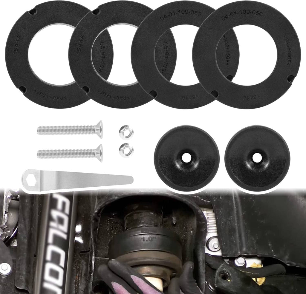 Front coil spring leveling spacer kit with black spacer rings and hardware bolts