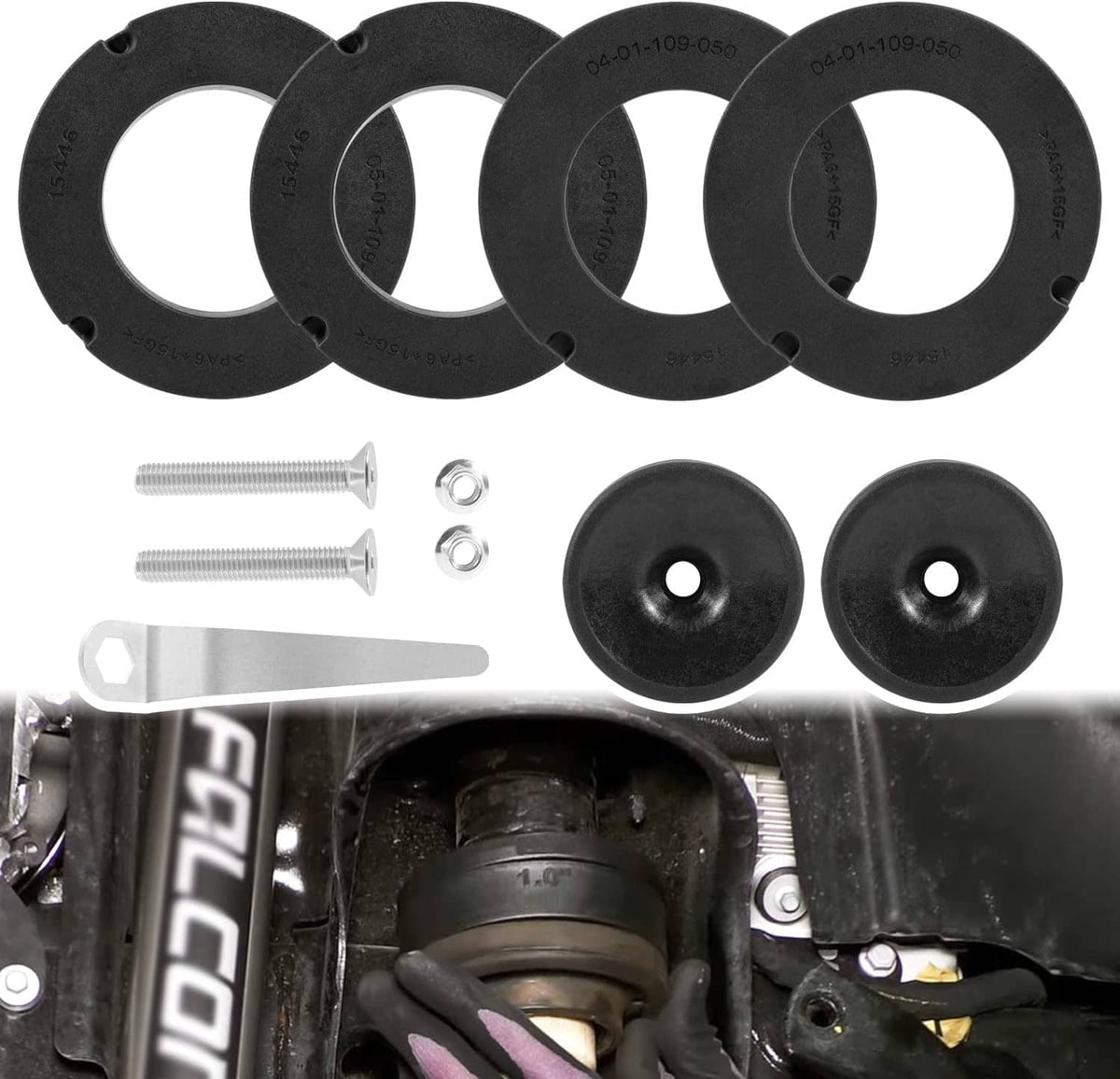 Front coil spring leveling spacer kit with black spacer rings and hardware bolts
