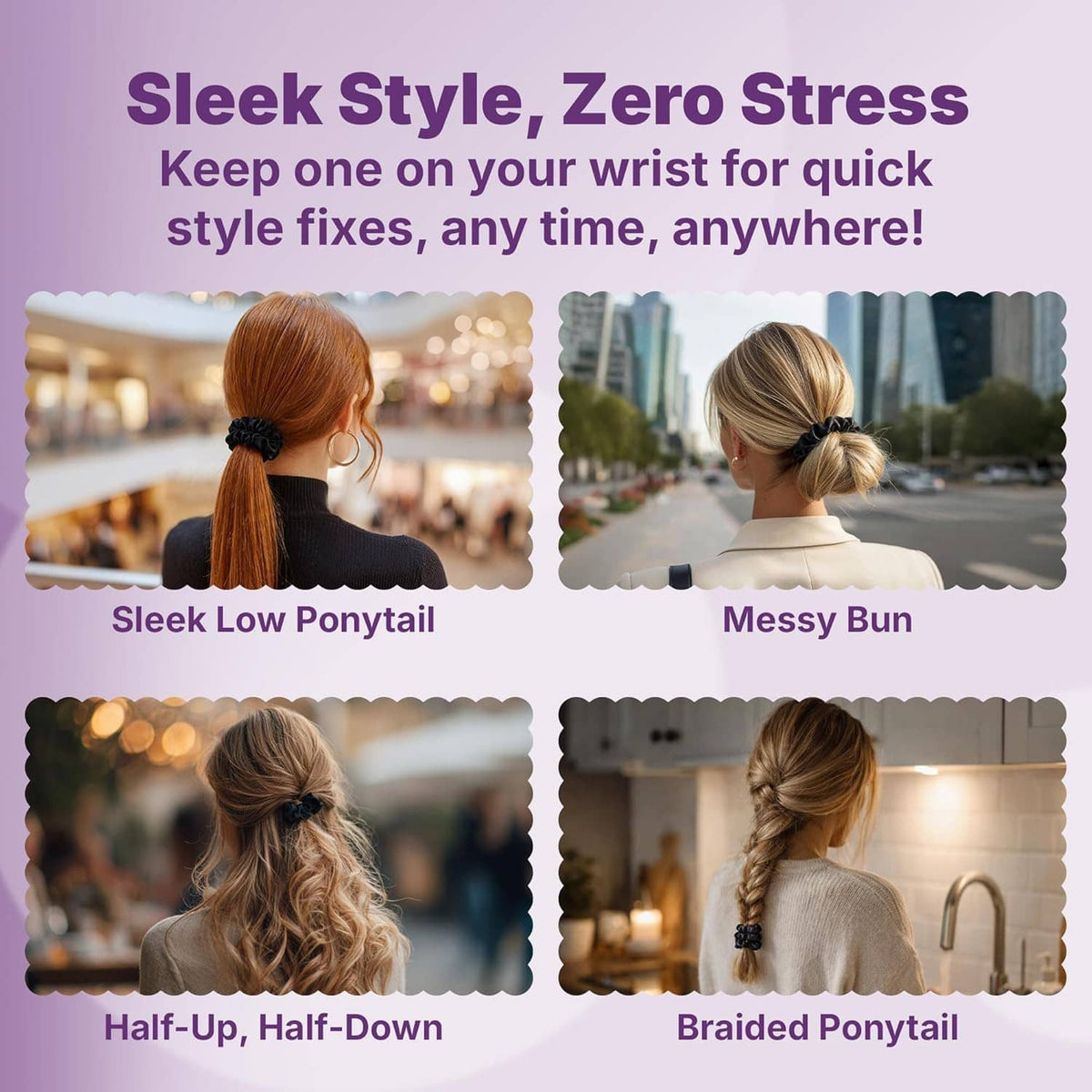 Black satin scrunchies styled on low ponytail and half-up hair