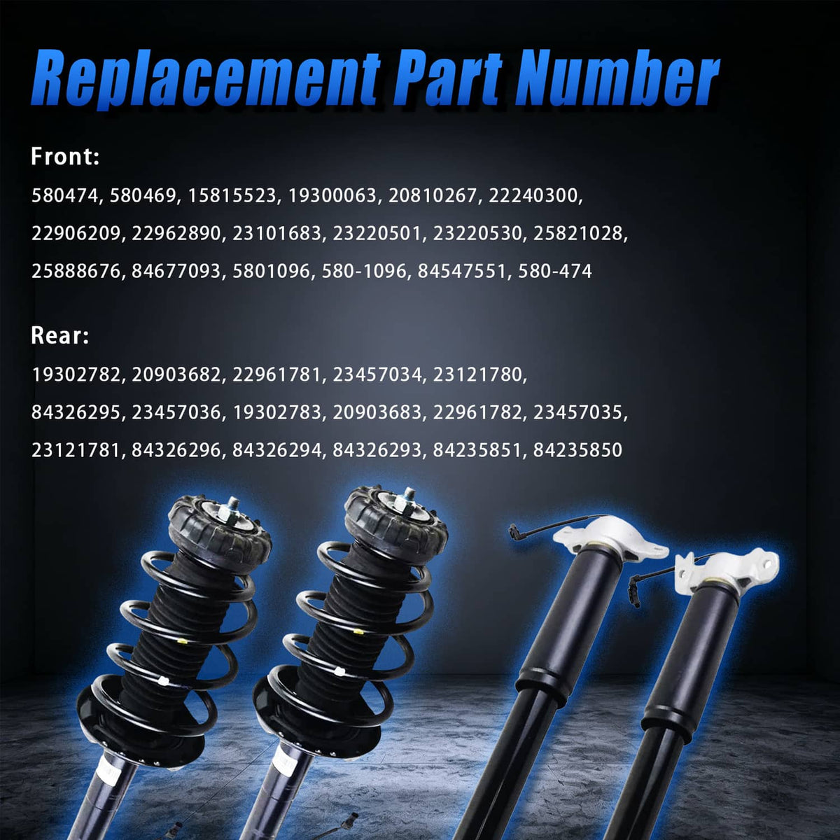 Front and rear shock strut assemblies with black coils, rods, and metal mounts