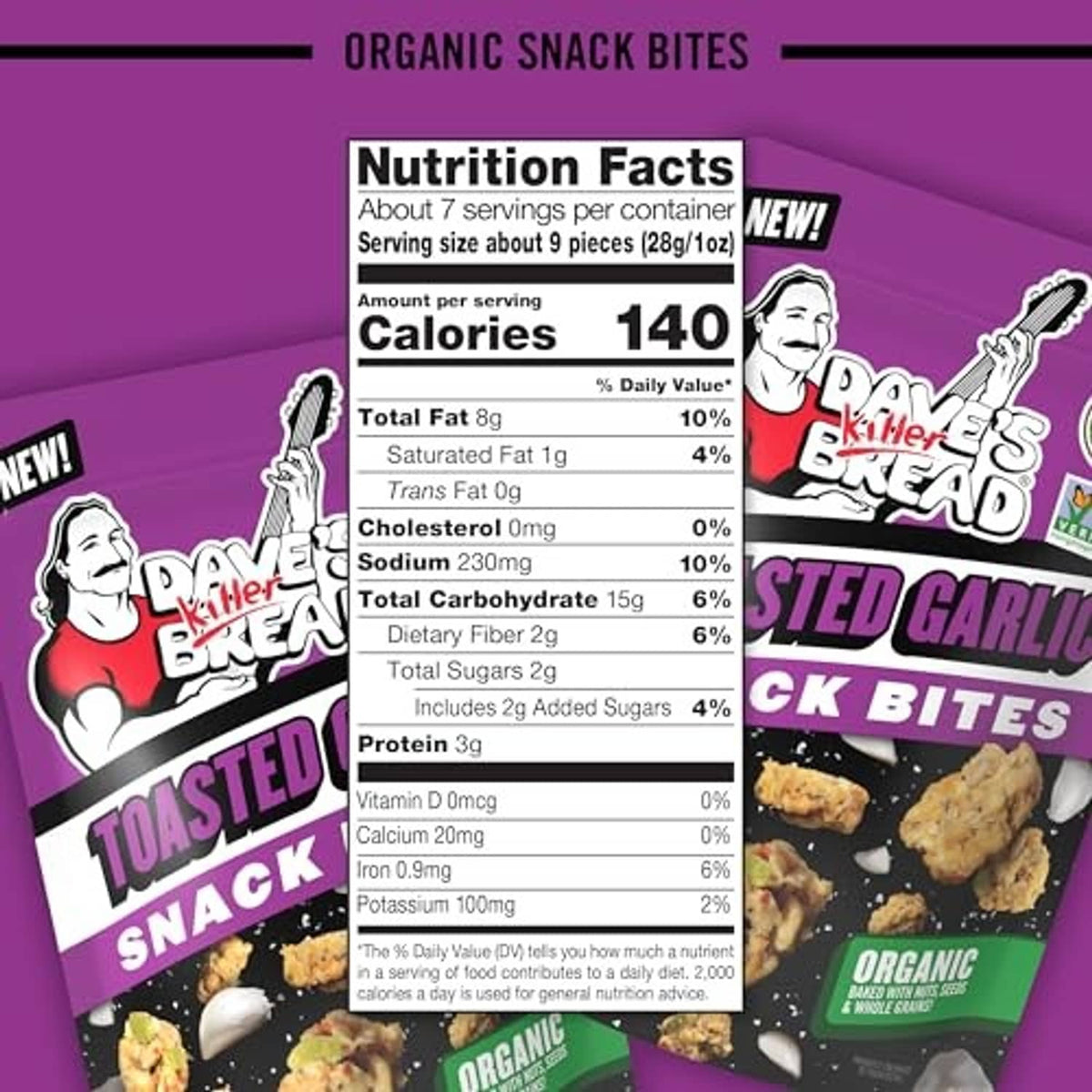 Nutrition facts panel for toasted garlic snack bites with 140 calories per serving