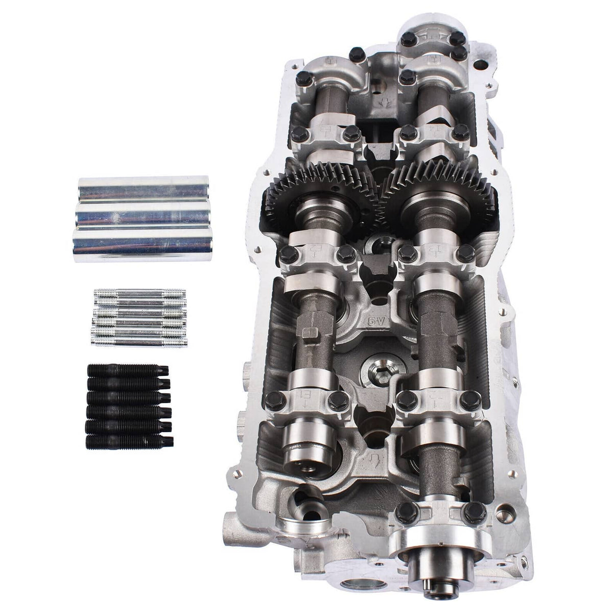 Right cylinder head front view with cam lobes and rocker components, metal casting