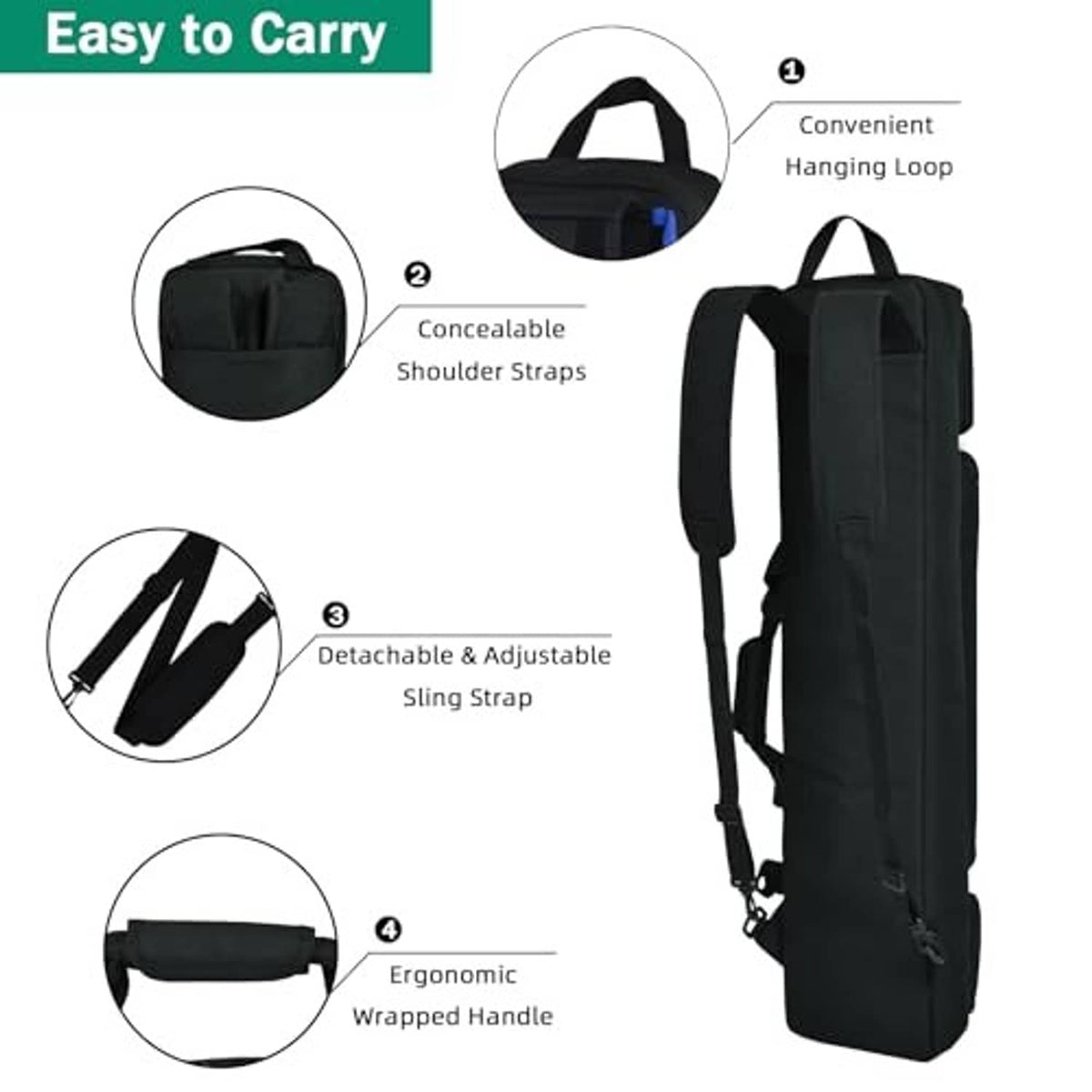 Black backpack pool cue case with padded handle, hanging loop, and adjustable strap