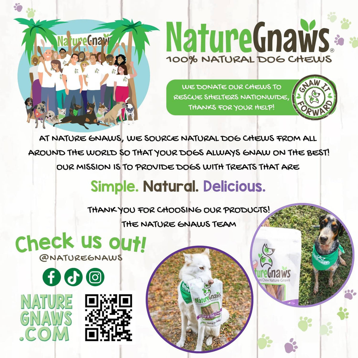 NatureGnaws natural dog chews promotional card with dogs and snack package images