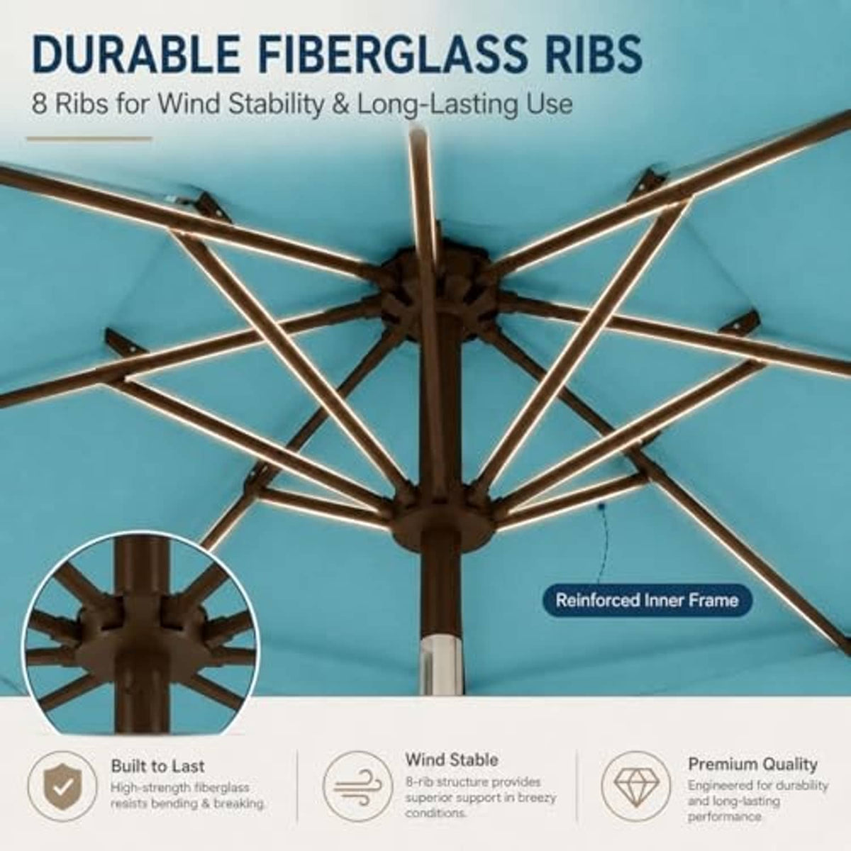 3-tier umbrella canopy showing durable fiberglass ribs and reinforced center hub