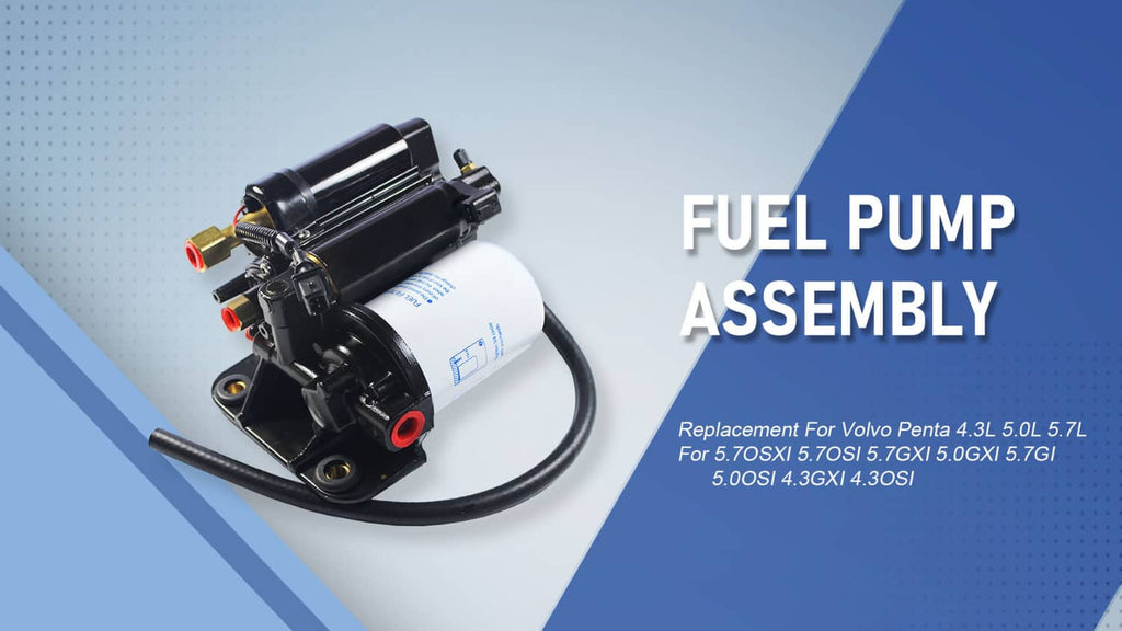 Electric fuel pump assembly with black pump, white canister, and fuel hoses