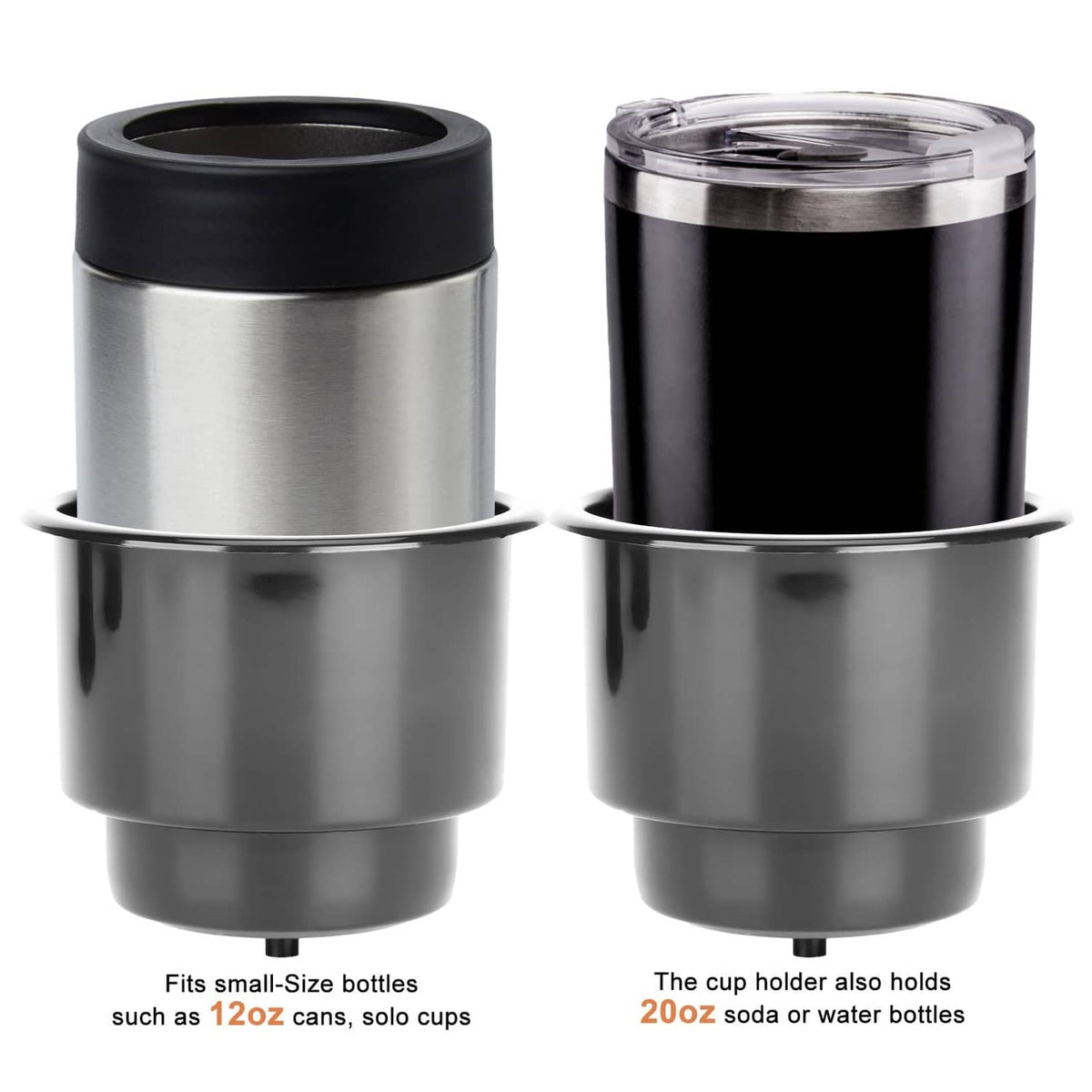 Recessed cup holders with round openings and metal-look outer sleeves, one with black insert