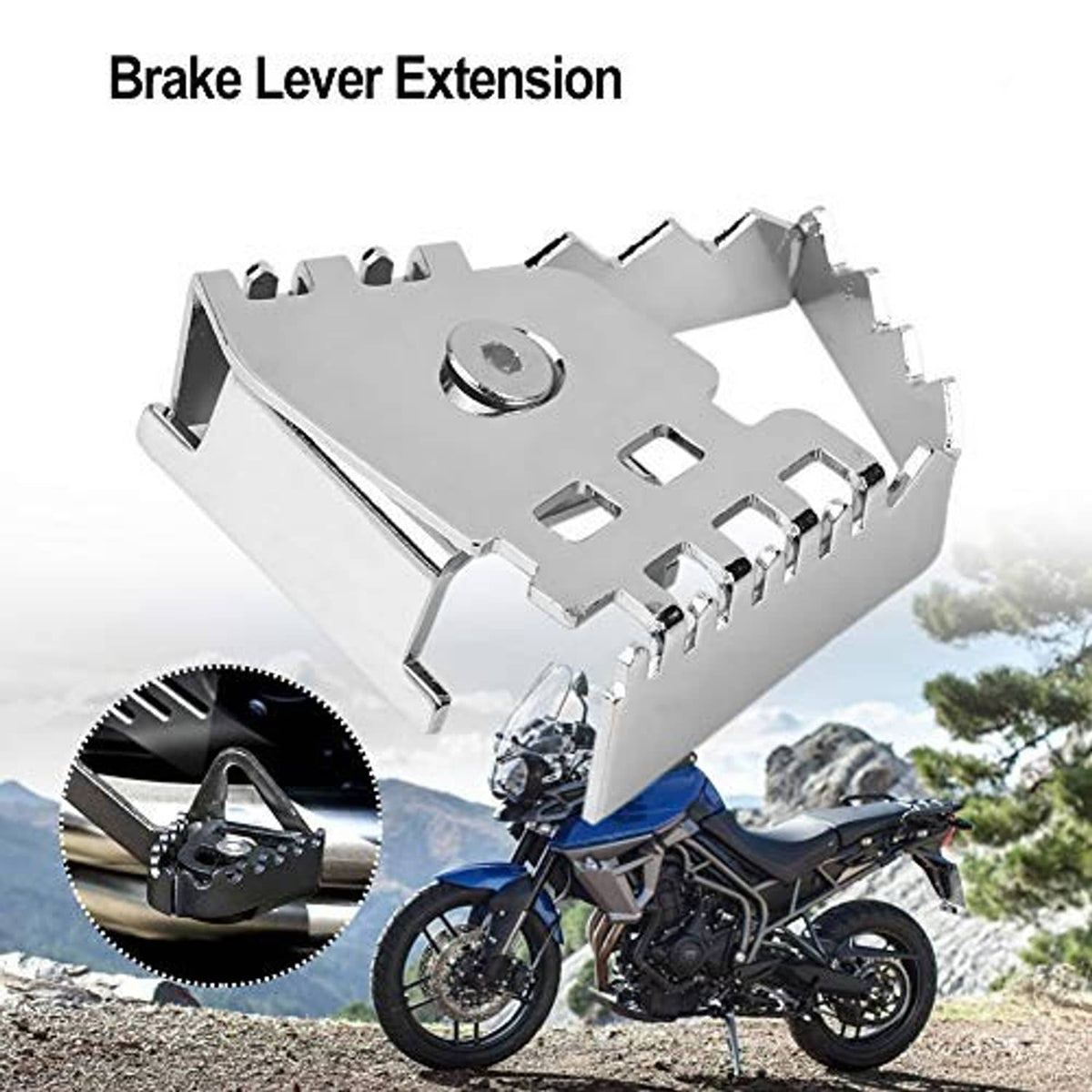 Brake lever extension plate with ridged teeth, mounting holes, and circular bolt fastener