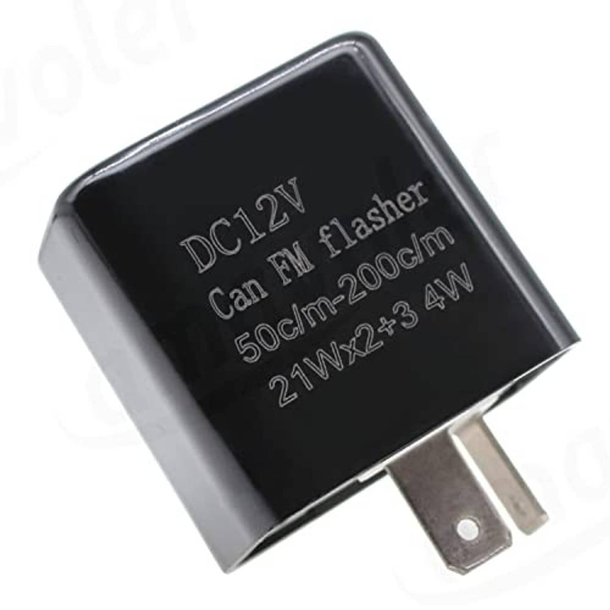 DC12V flasher relay, black square housing with two metal pins, angled close-up